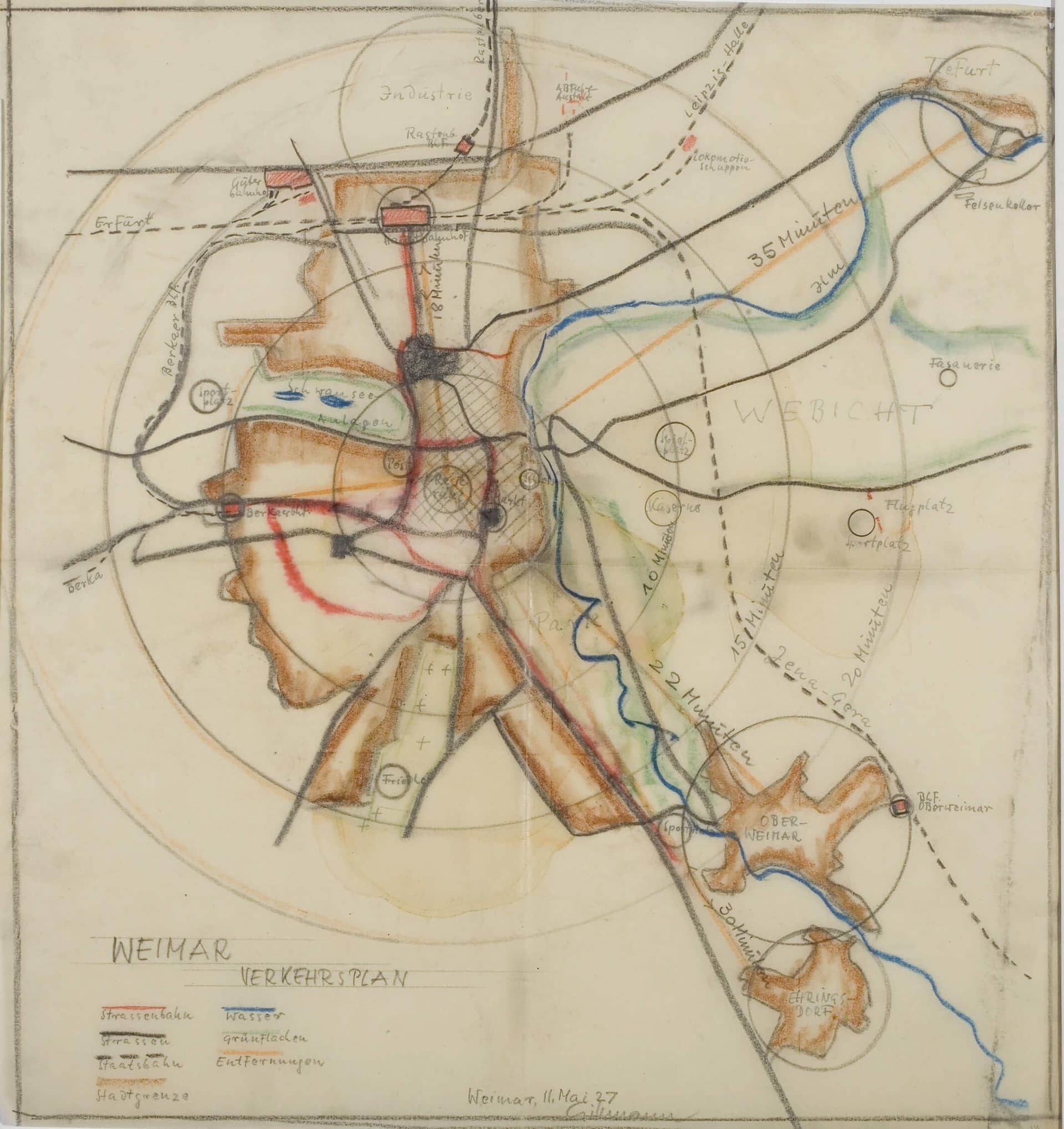 Cornelis van Eesteren. Verkeersplan van het stedenbouwkundig plan van Weimar met tijdsaanduidingen voor de reistijd, 1927-1929. Collectie Het Nieuwe Instituut, Archief Cornelis Van Eesteren, EEST 6.329-3 