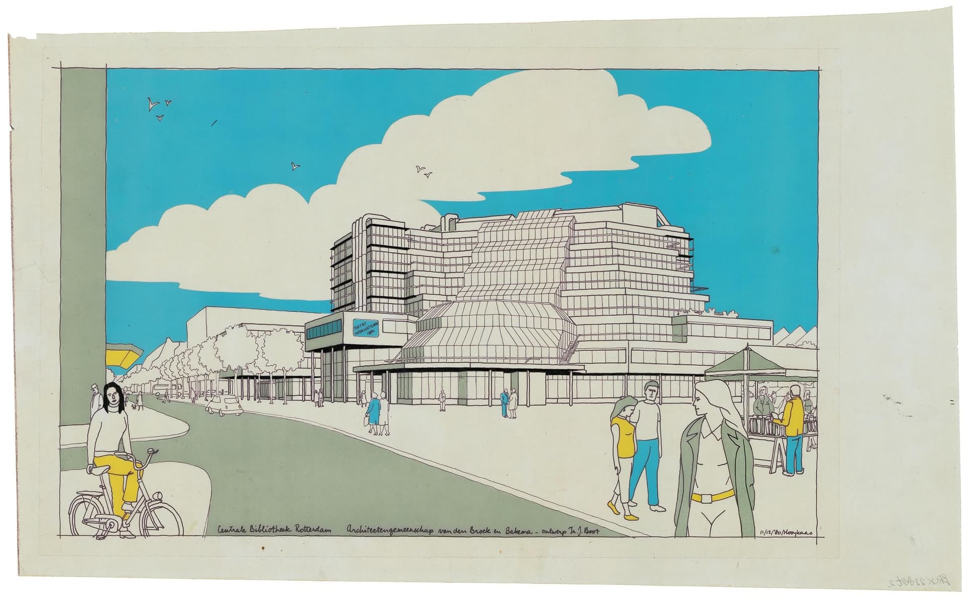 Van den Broek en Bakema Architecten. Presentatietekening van de Openbare Bibliotheek in Rotterdam. Ontwerp van T.J. Boot en getekend door Frans Hooykaas, 1980. De calque is beplakt met plastic tones (folies) om kleur en/of schaduw-en diept… 