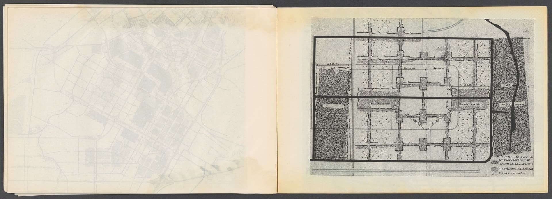 Presentatieboek Bijlmermeer, ca. 1962, Collectie Het Nieuwe Instituut, Archief S. Nassuth. Concentratie van groen bij woningen in de vorm van hoven, geen rijwegen en verbinding tussen voet- en fietspaden, 248 ha sport- en volkstuinterrein, eens… 