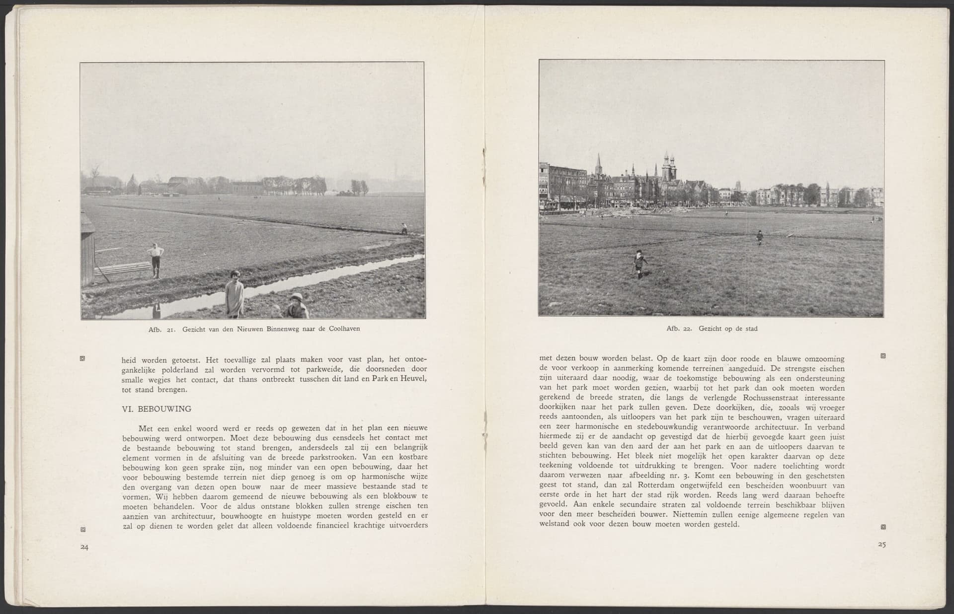 Witteveen was zowel gefascineerd door de enorme ruimtelijkheid van het Land van Hoboken als het uitzicht op de bestaande stad. W. G. Witteveen, Het uitbreidingsplan voor het Land van Hoboken, Rotterdam, 1927, p. 24-25. Collectie Het Nieuwe… 