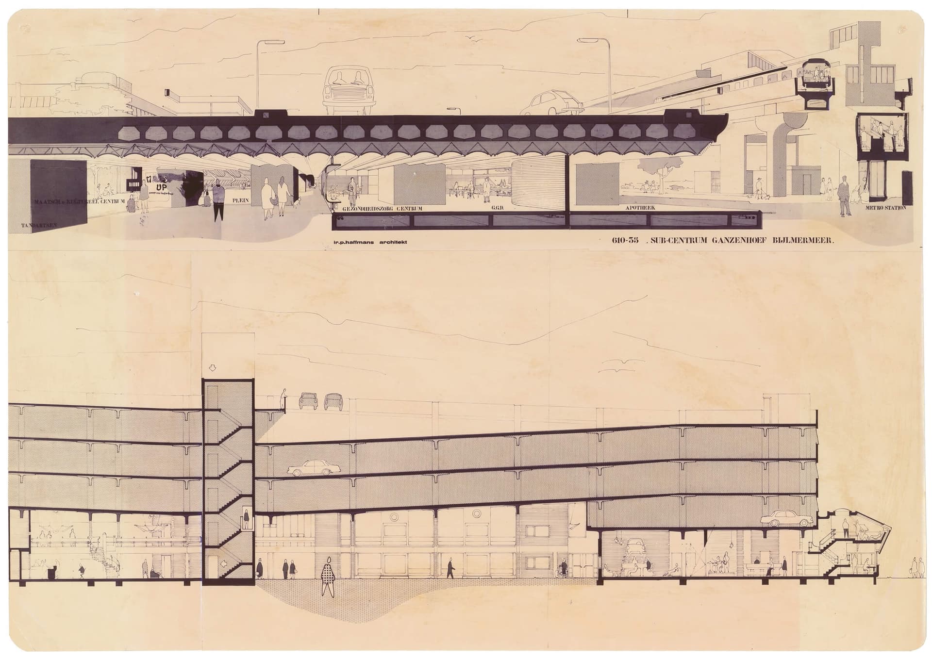 Paul Haffmans. Sub-Centrum Ganzenhoef, Bijlmermeer, Amsterdam z.jr. [1968-78]. Collectie Het Nieuwe Instituut, HAFFp3 