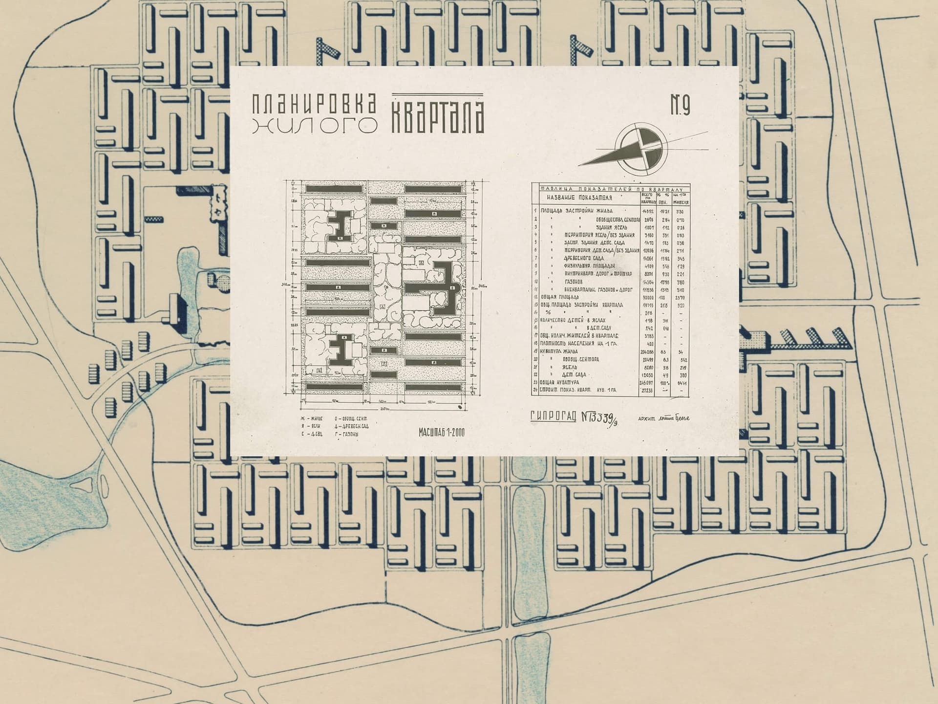 Plan for Pendrecht district, Rotterdam, as presented at the CIAM conference, Bergamo 1949. Insert: Lotte Stam-Beese, design for the section of the KhTZ Settlement, Kharkov, ca. 1932 
Both from the Lotte Stam-Beese archives in Het Nieuwe Institu… 