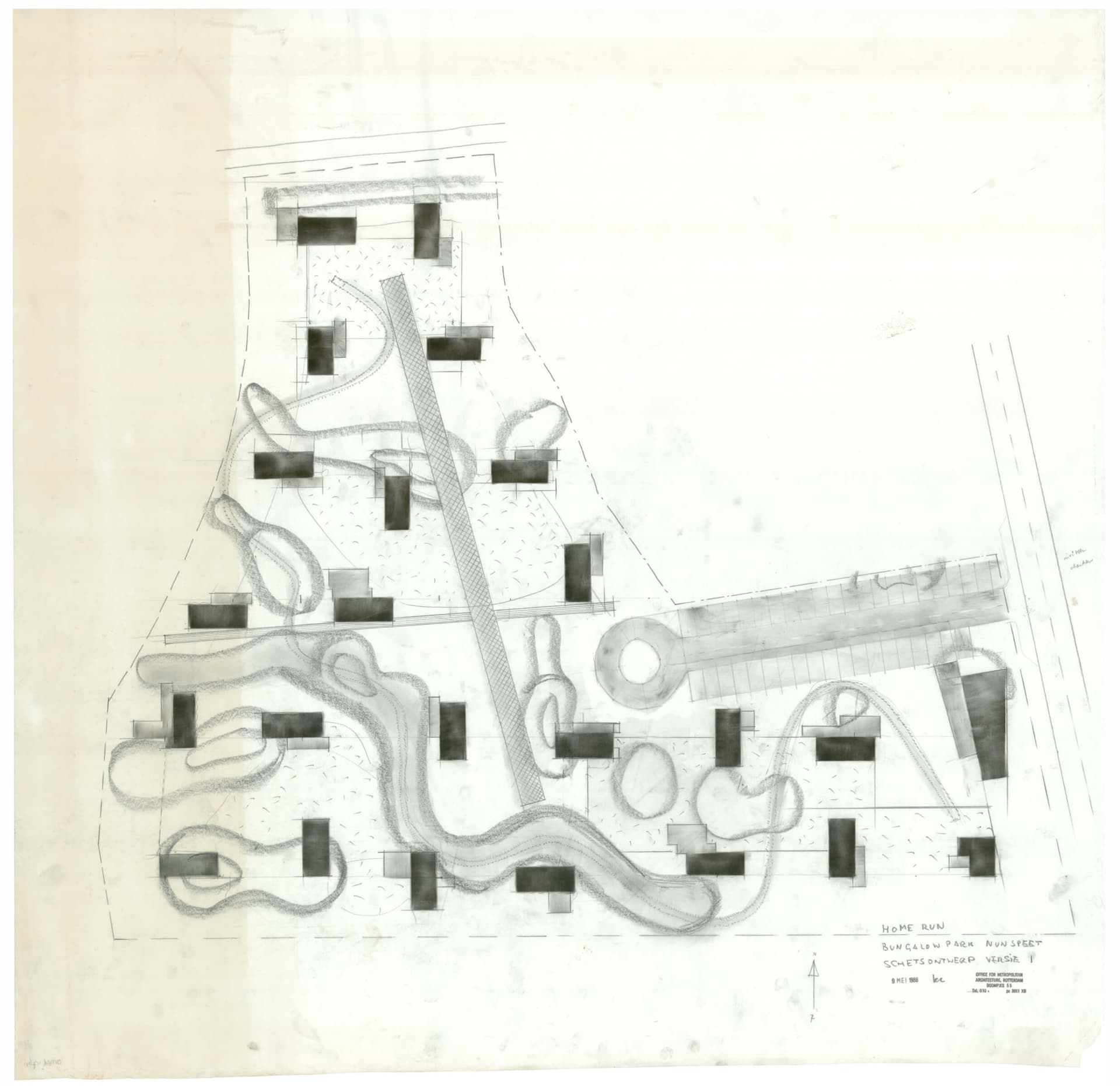 Office for Metropolitan Architecture. Schetsontwerp ‘Home run” voor Bungalowpark Nunspeet, 1988. Collectie Het Nieuwe Instituut, OMAR 4761 