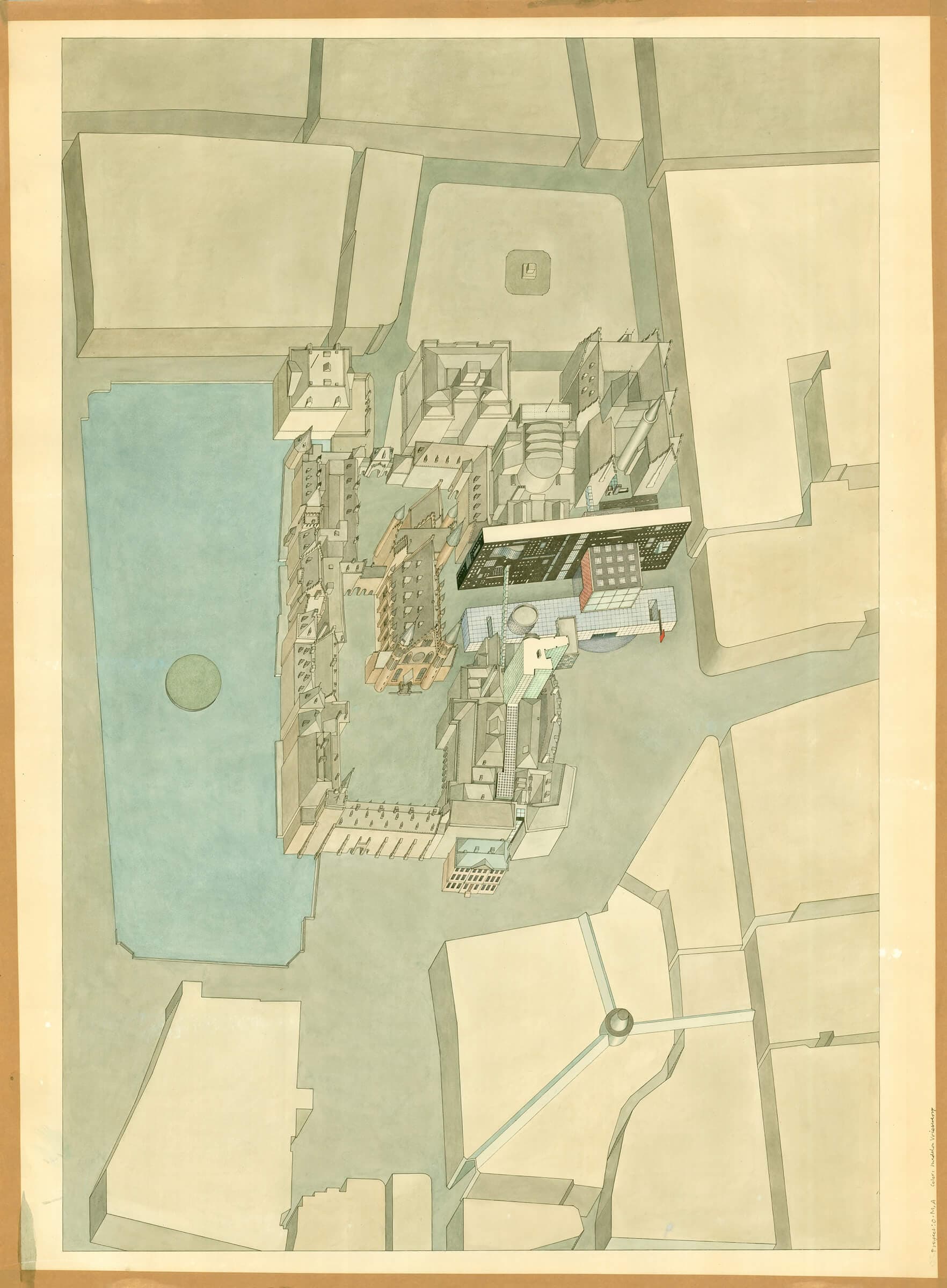 OMA. Dutch Parliament extension, The Hague, 1978. Colors by M. Vriesendorp. Collection Het Nieuwe Instituut, OMAR 6b. 