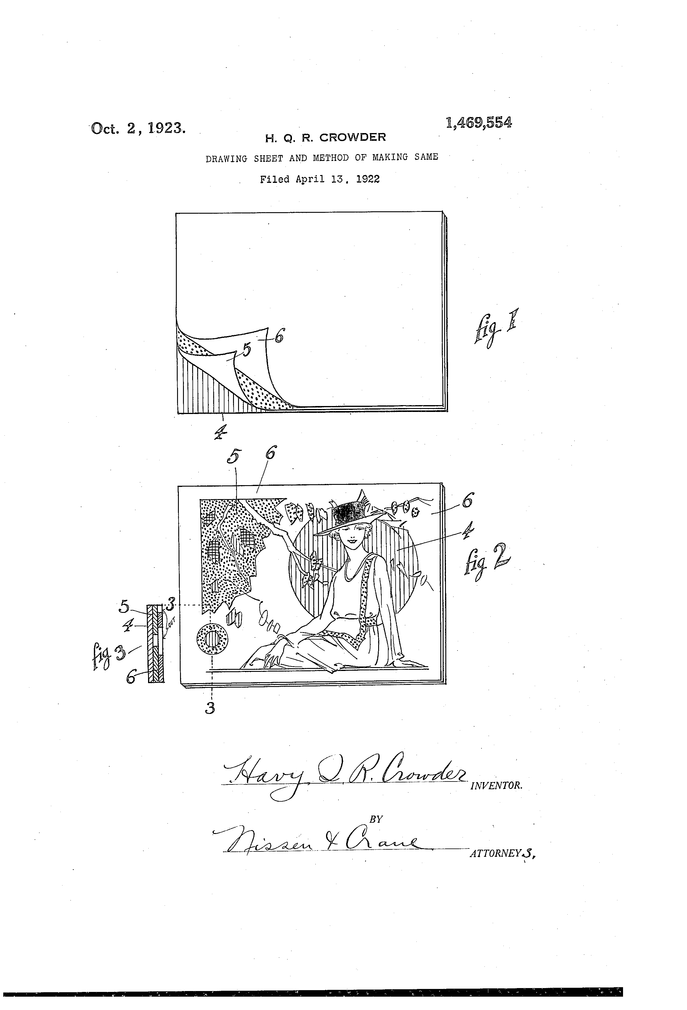 Havy Q.R. Crowder. Patent op ‘Drawing sheet and method of making same’, 1922-1923.  Bron: https://patents.google.com/patent/US1469554A/en  