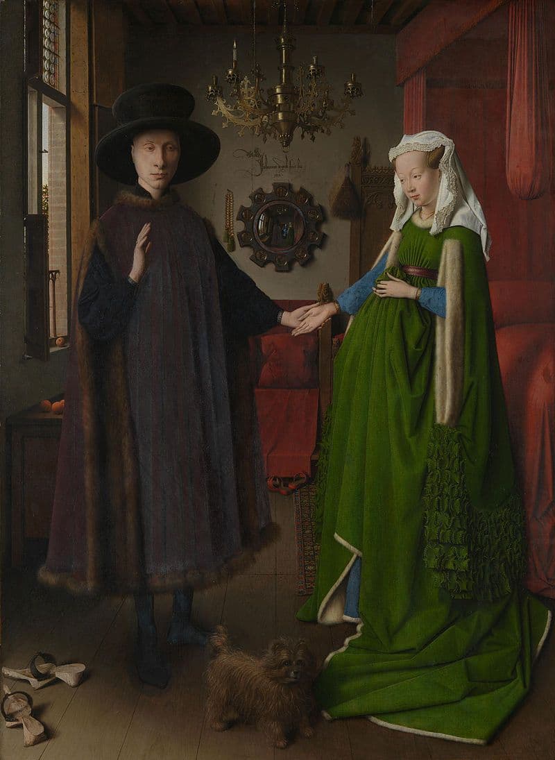 A pair of pattens depicted on the left side and in the back of Jan van Eijck, Arnolfini Portrait, 1434, oil on oak panel, 3 vertical boards, 82,2 x 60 cm and 84,5 x 62,5 cm., National Gallery, London. 