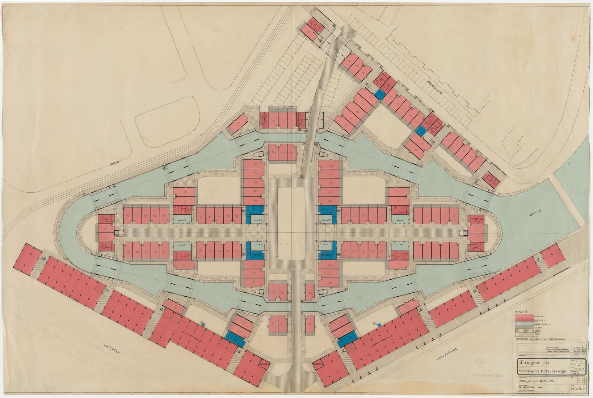 Jan Verhoeven geeft met Zips de locatie aan van de bergingen, winkels, straten, paden tuinen en waterlopen in het woningbouwplan Hofdijk, Rotterdam, 1978. Collectie Het Nieuwe Instituut, archief Jan Verhoeven, VERH 6.38. 