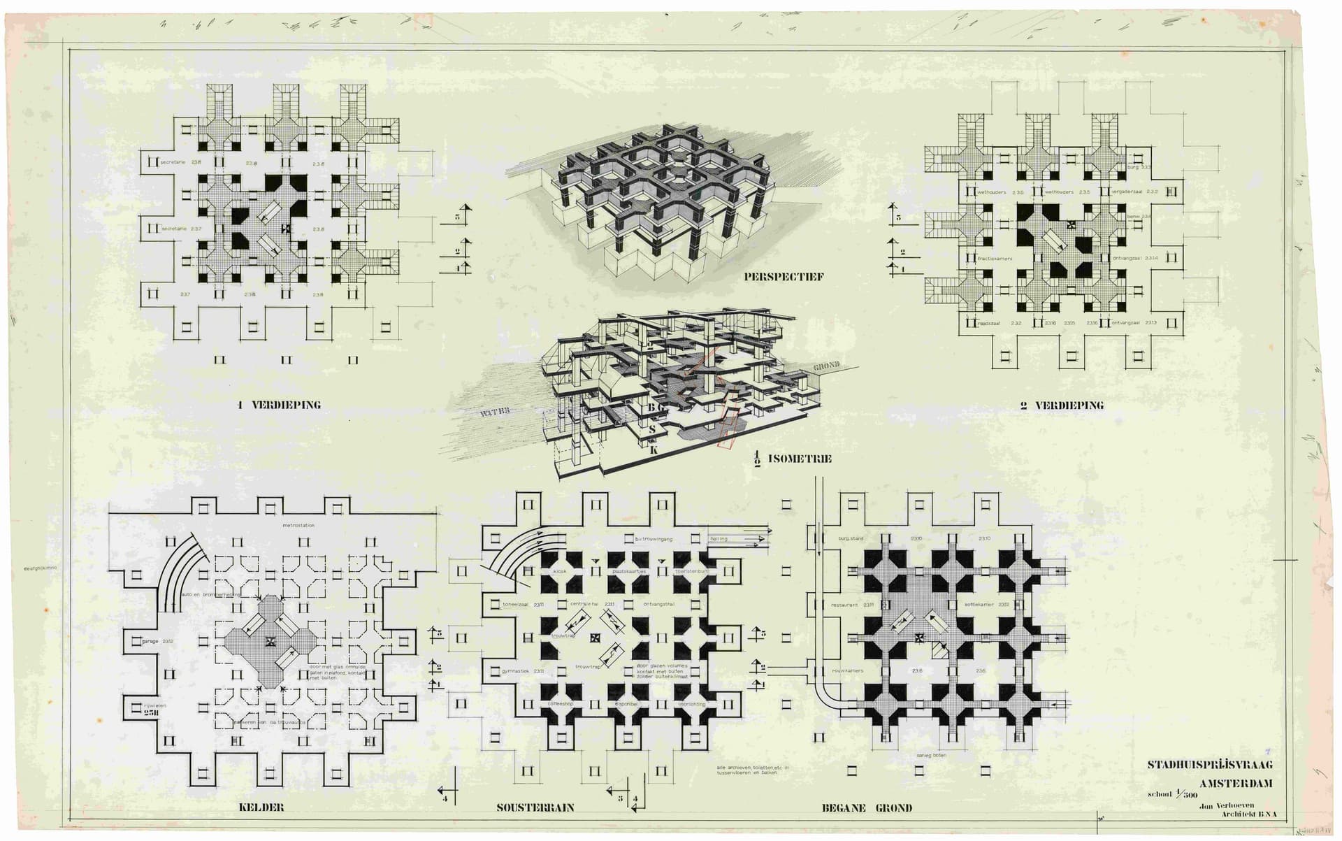  Jan Verhoeven. Plans in combination with isometric and axonometric representations (here called perspectives) for the Amsterdam City Hall competition, 1967. Collection Het Nieuwe Instituut, VERH r106-4 