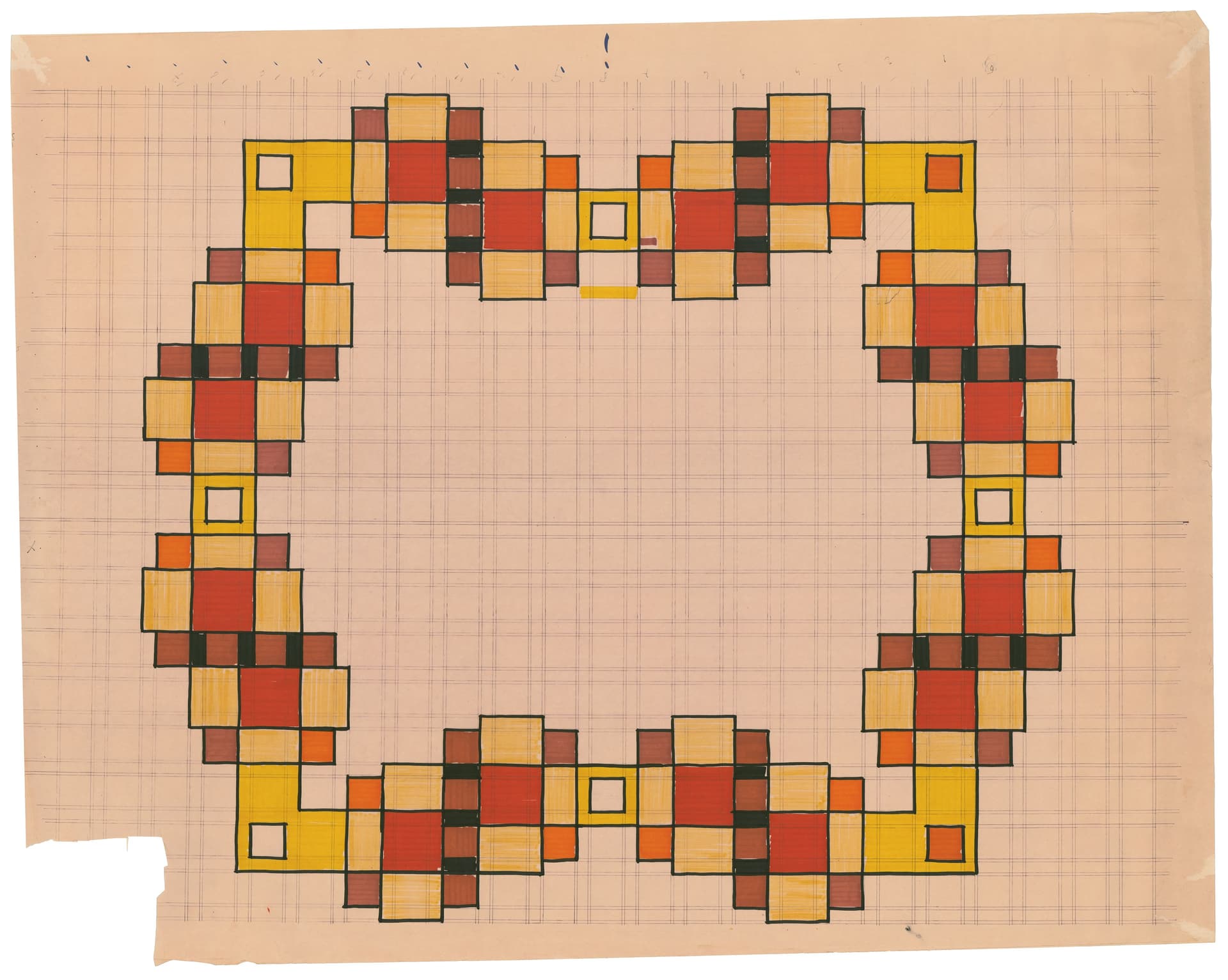  J. Verhoeven. Studie in kleur voor de relatie tussen gemeenschappelijke ruimtes en individuele studentenwoningen voor Prijsvraag Studentenhuisvesting in Drienerlo, circa 1964. Collectie Het Nieuwe Instituut, VERH r99.1-1 