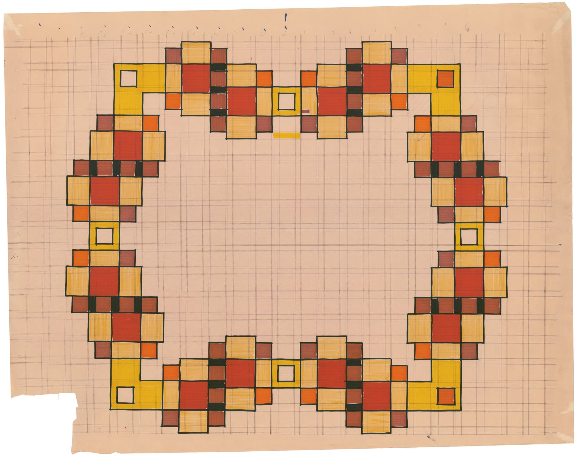 J. Verhoeven made several diazotypes of the same floor plan. On this one, Verhoeven uses different colours to represent the spatial relationships between student rooms and communal areas such as corridors and seating areas. J. Verhoeven, Design… 