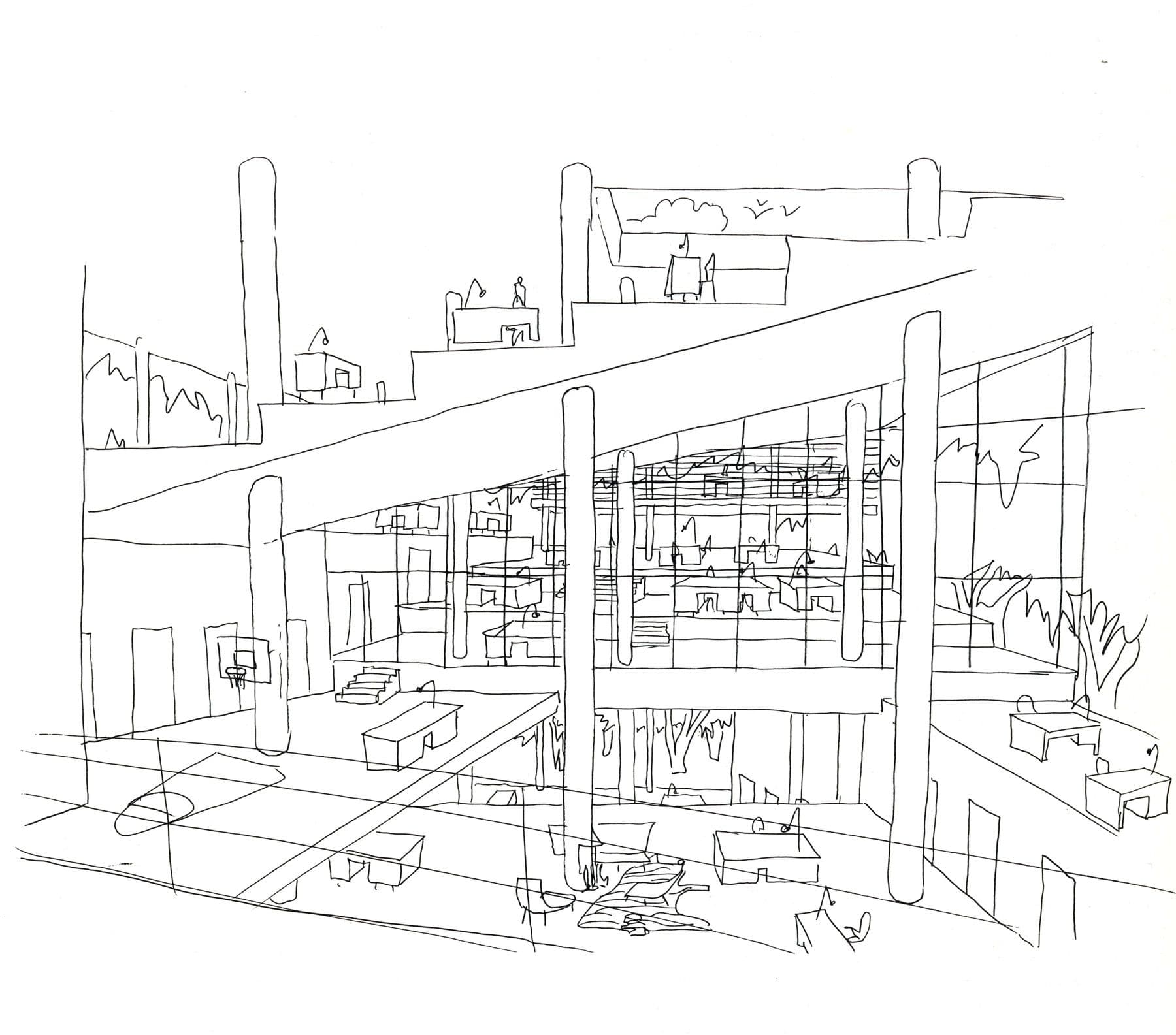 Een vroege schets van een van de eerste projecten: Villa VPRO. Beeld: MVRDV. 