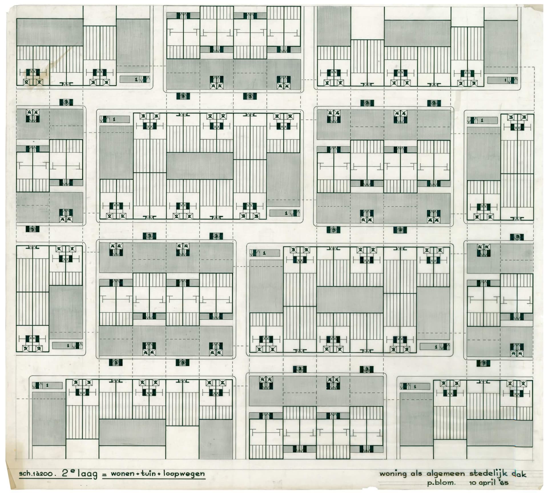 Piet Blom, Residence as general urban roof, 2nd layer, 1965, collection of Het Nieuwe Instituut, BLOM 33-9. The 2nd layer is the walkways on which the front doors of the houses are located.   