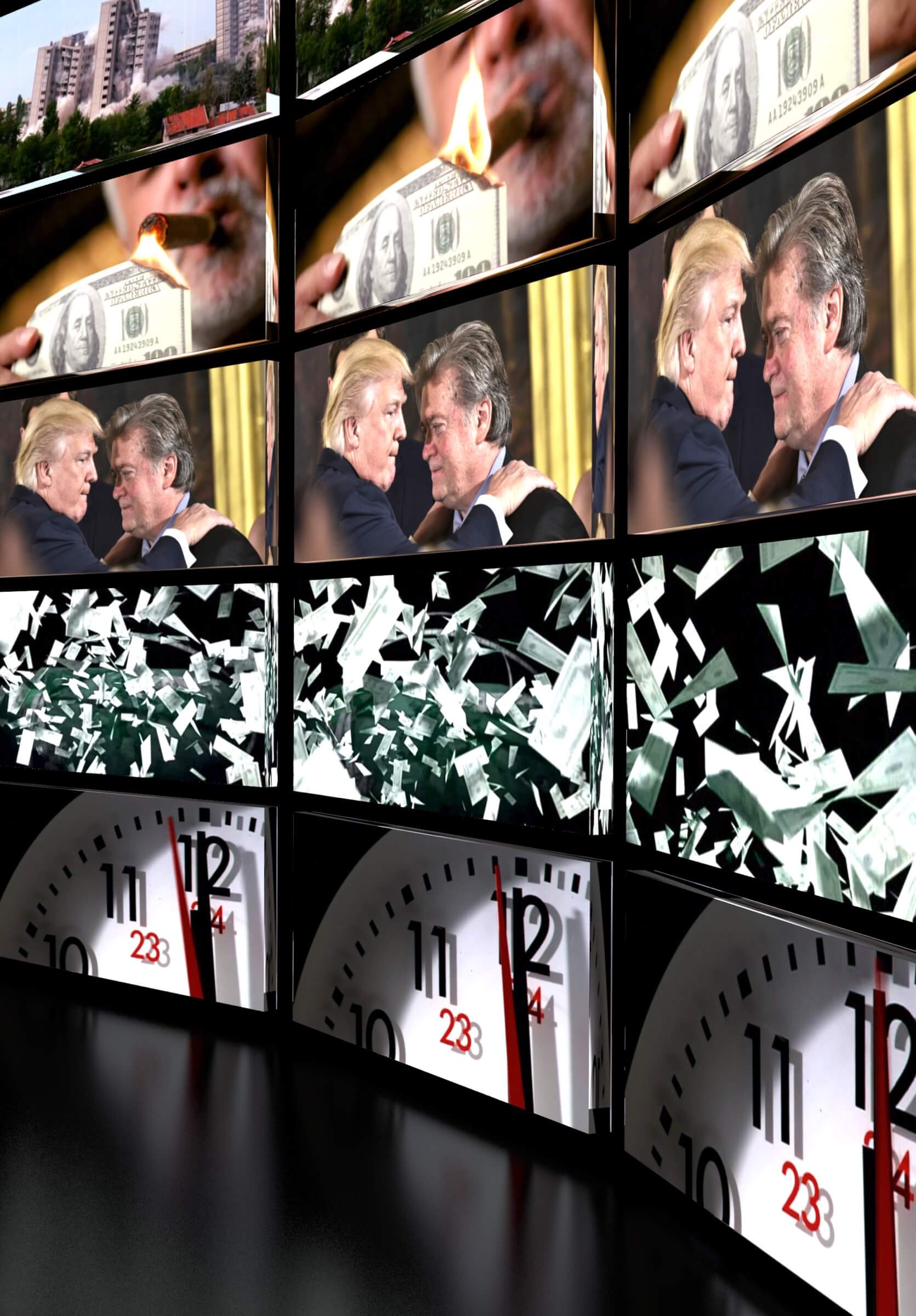 Stills from Steve Bannon’s film Generation Zero (2010). Steve Bannon: A Propaganda Retrospective,  2018. Artist: Jonas Staal. Image: Remco van Bladel and Jonas Staal