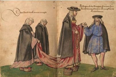 Watercolour by Christoph Weiditz of a Spanish woman (in red) from his Trachtenbuch (c1530), image sourced from Wikimedia Commons 2014. 