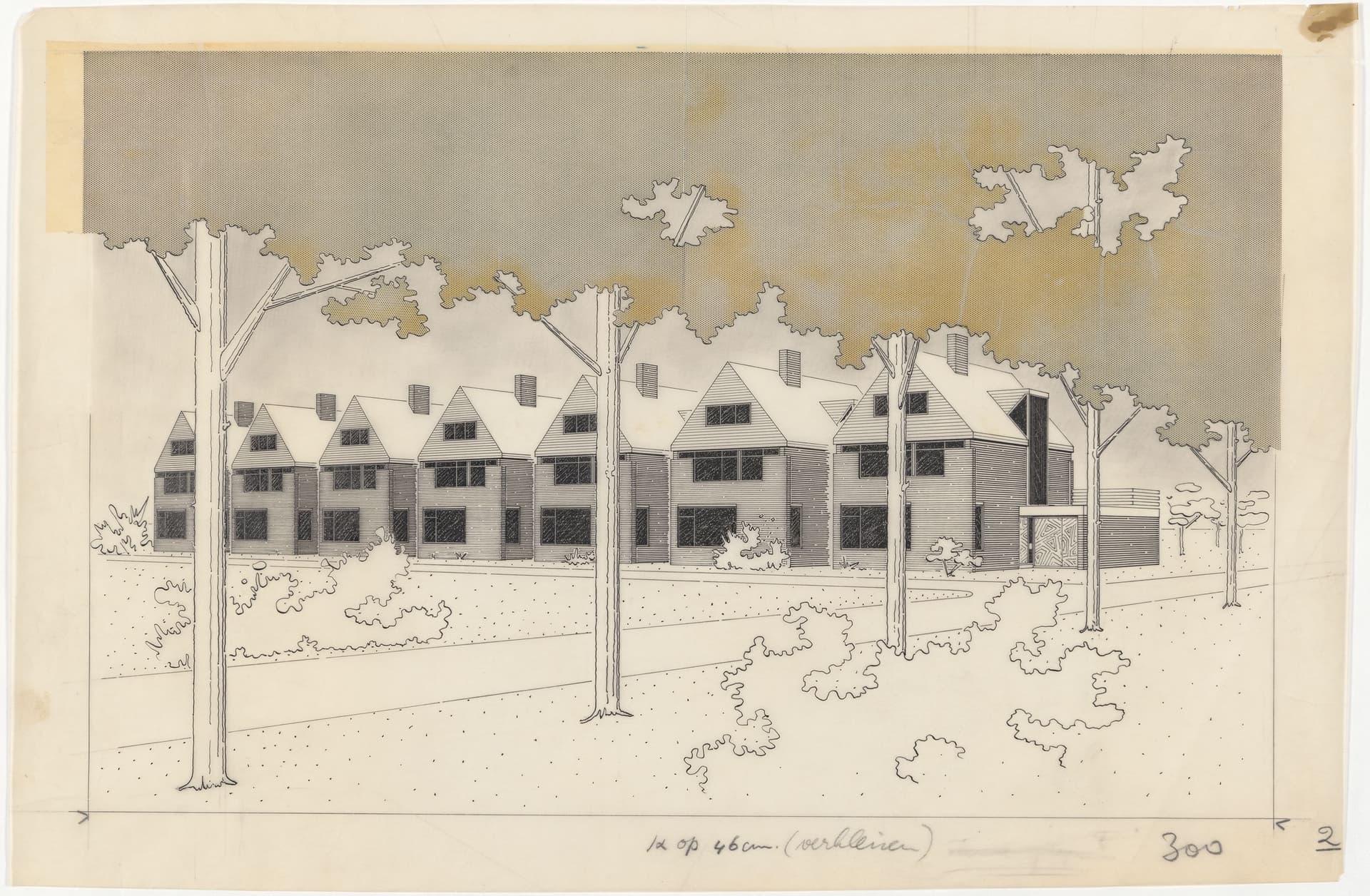 William Wissing. Publication drawing of a design for a standard family home, c.  1970. Wissing rendered the trees’ foliage using a zips screentone. The yellow spots are adhesive traces from the zips. He drew the glass surfaces, doors and m… 