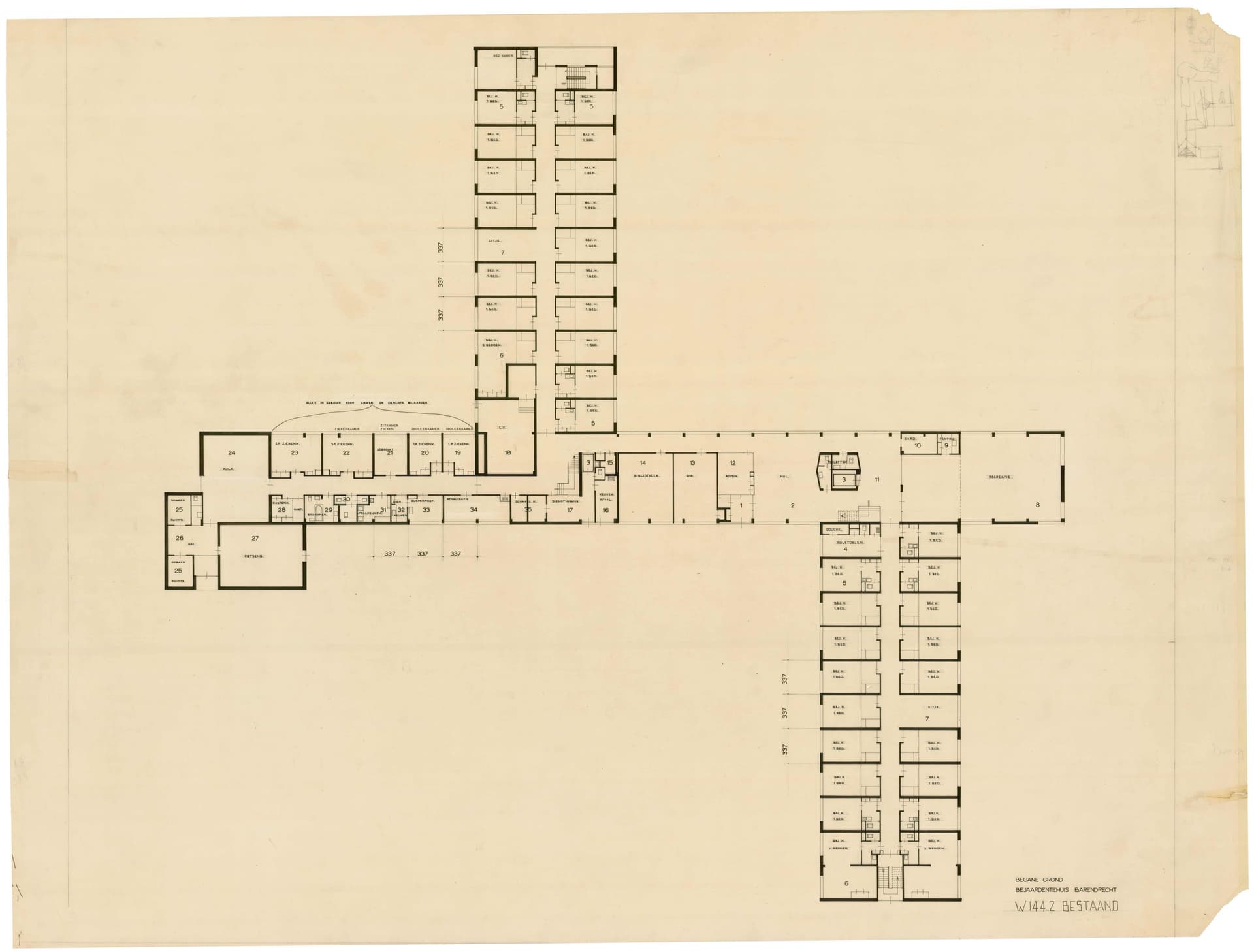  W. Wissing, Bejaardentehuis Borgstede, Barendrecht, 1957-1974. Opdrachtgever: Nederlandse Centrale voor Huisvesting van Bejaarden. Collectie Het Nieuwe Instituut, WISS r68