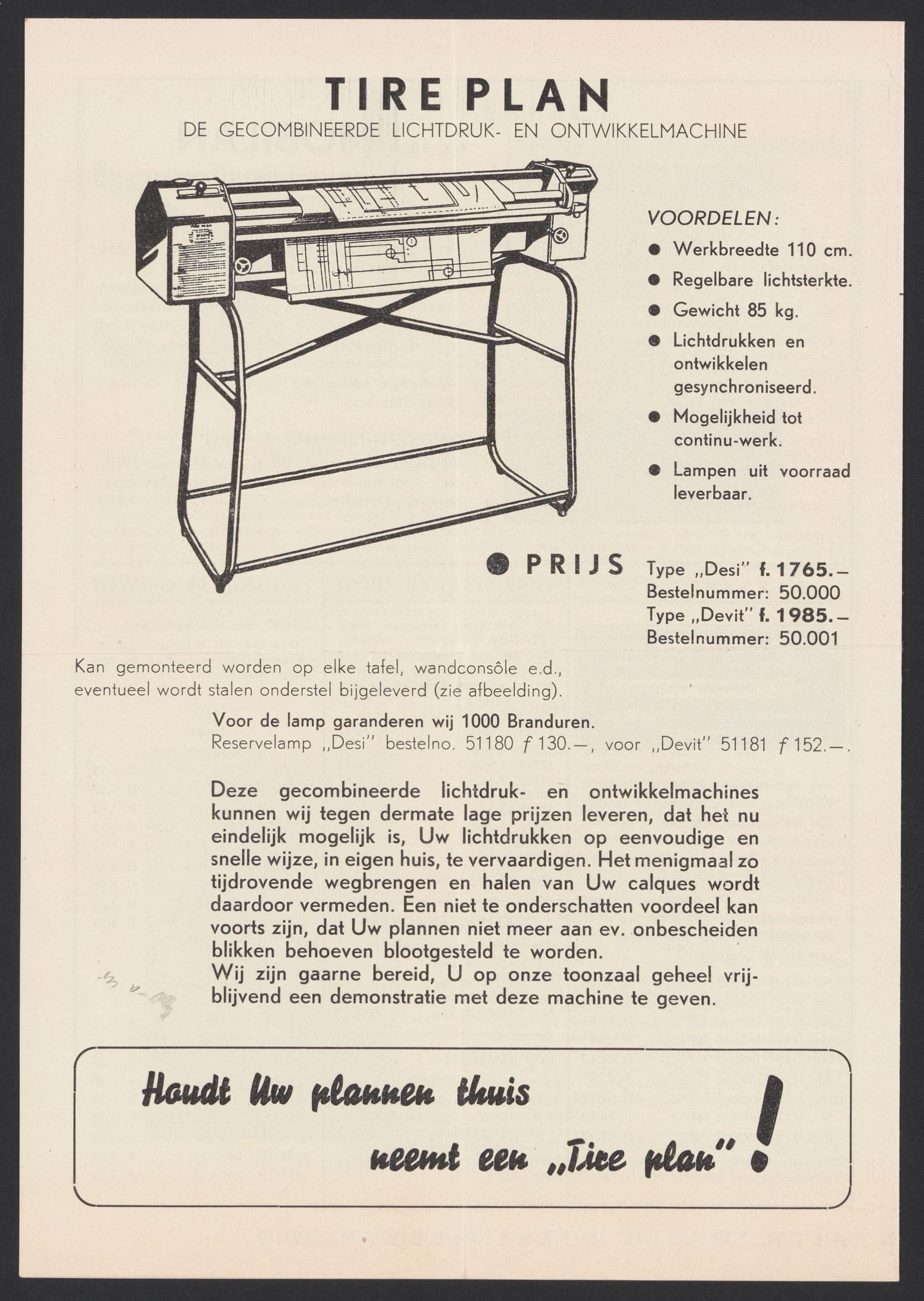 An advertisement for a Tireplan photoreproduvtiveprinting and development machine specially made for architectural firms. The device was lightweight, easy to mount on a desktop, available with a base, light-intensity adjustable, and the lamps w… 