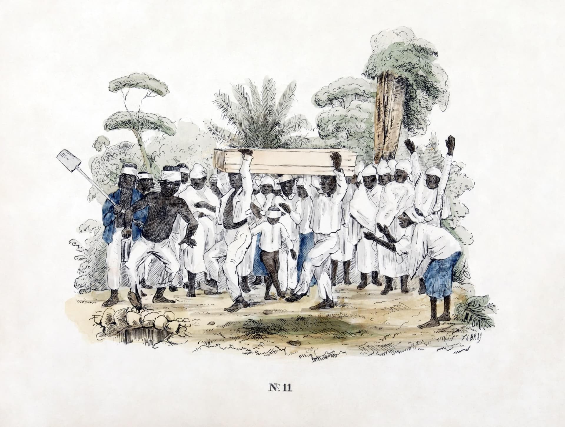 Begrafenis op slavenplantage, Suriname. Kleurenlitho geprint circa 1840–1850. Tropenmuseum Royal Tropical Institute 