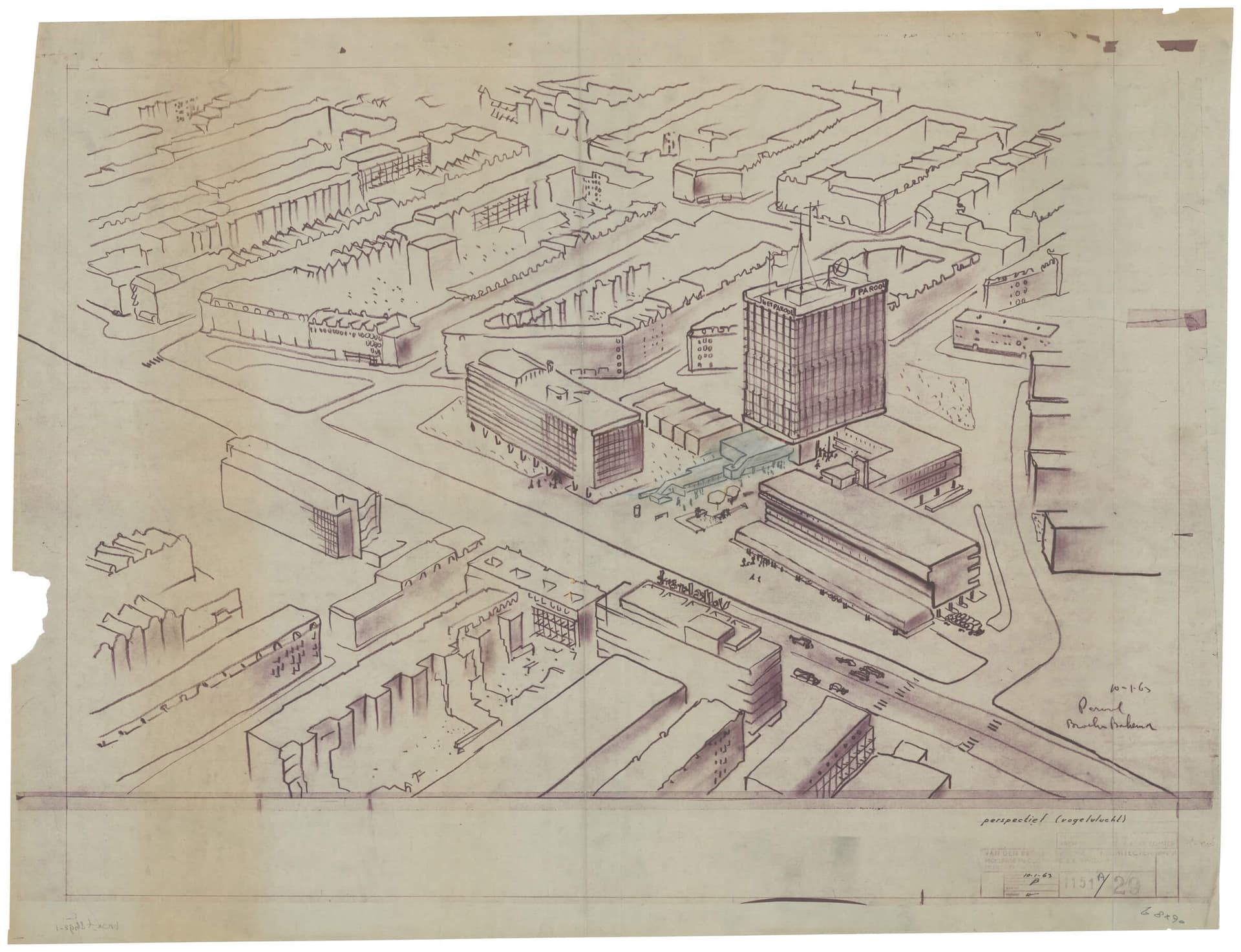 Van den Broek en Bakema. Vogelvluchtperspectief van het ontwerp voor het kantoorgebouw voor 'het Parool' aan de Wibautstraat te Amsterdam,1956. Collectie Het Nieuwe Instituut, BROX 1151t3492  