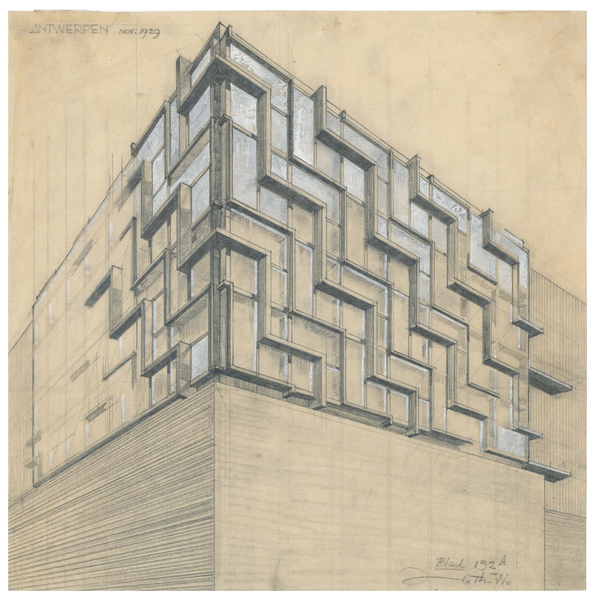 H. Th. Wijdeveld. Schets geveldetail (raampartij), Nederlands paviljoen Antwerpen, 1930. Collectie Het Nieuwe Instituut, WIJD 390-2 