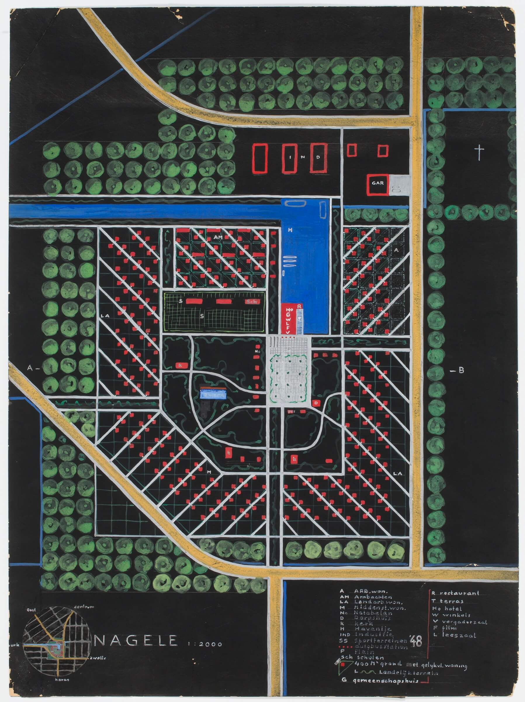 G.Th. Rietveld, Stedenbouwkundig ontwerp Nagele met bebouwing in diagonale verkaveling, 1948. Collectie Het Nieuwe Instituut, RIET 181 