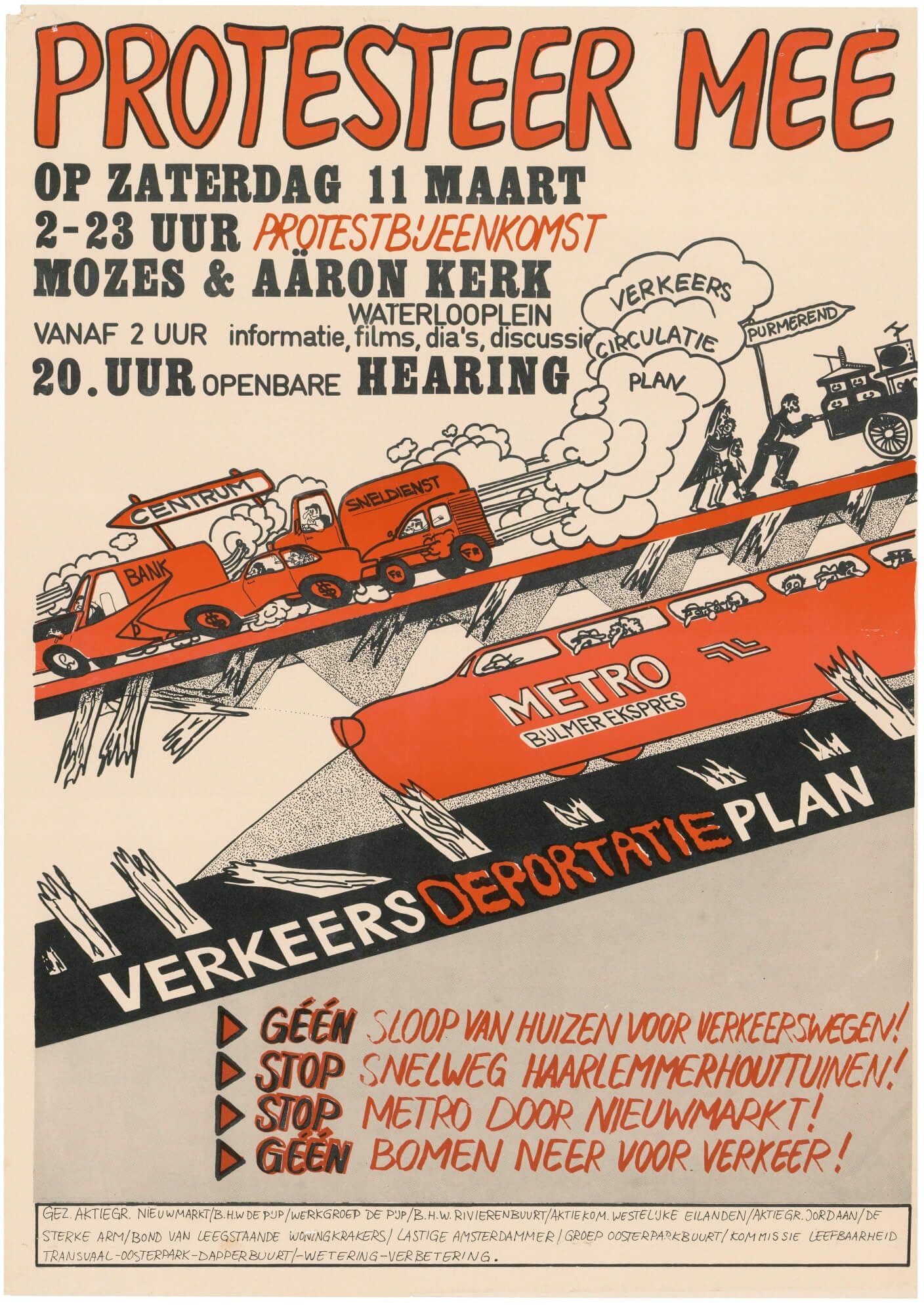 Toepassing van onder andere wrijfletters van Letraset, lettertype Egyptienne Bold Condensed, op affiche ‘Protesteer mee, voor behoud van woningen en bomen in de Nieuwmarktbuurt’, Amsterdam, ca. 1975.  