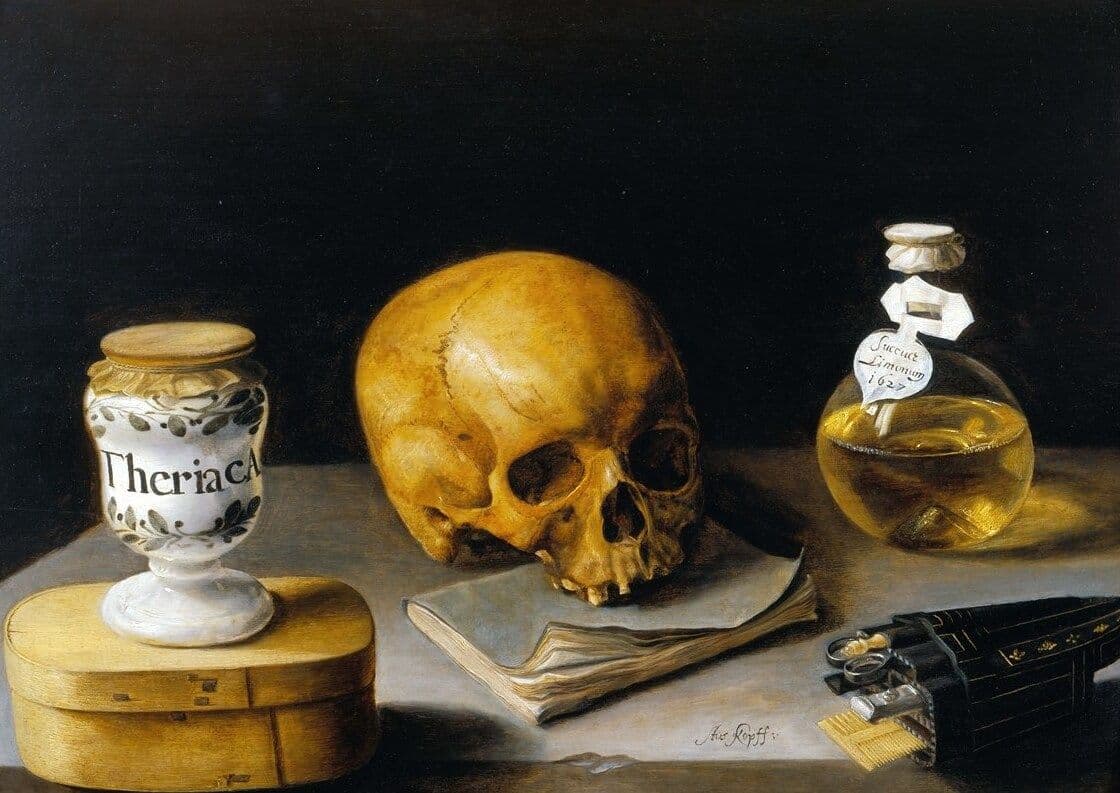 Sébastien Stoskopff, Vanitas with a vase of Theriac, 1627. Koetser Gallery Zurich. 