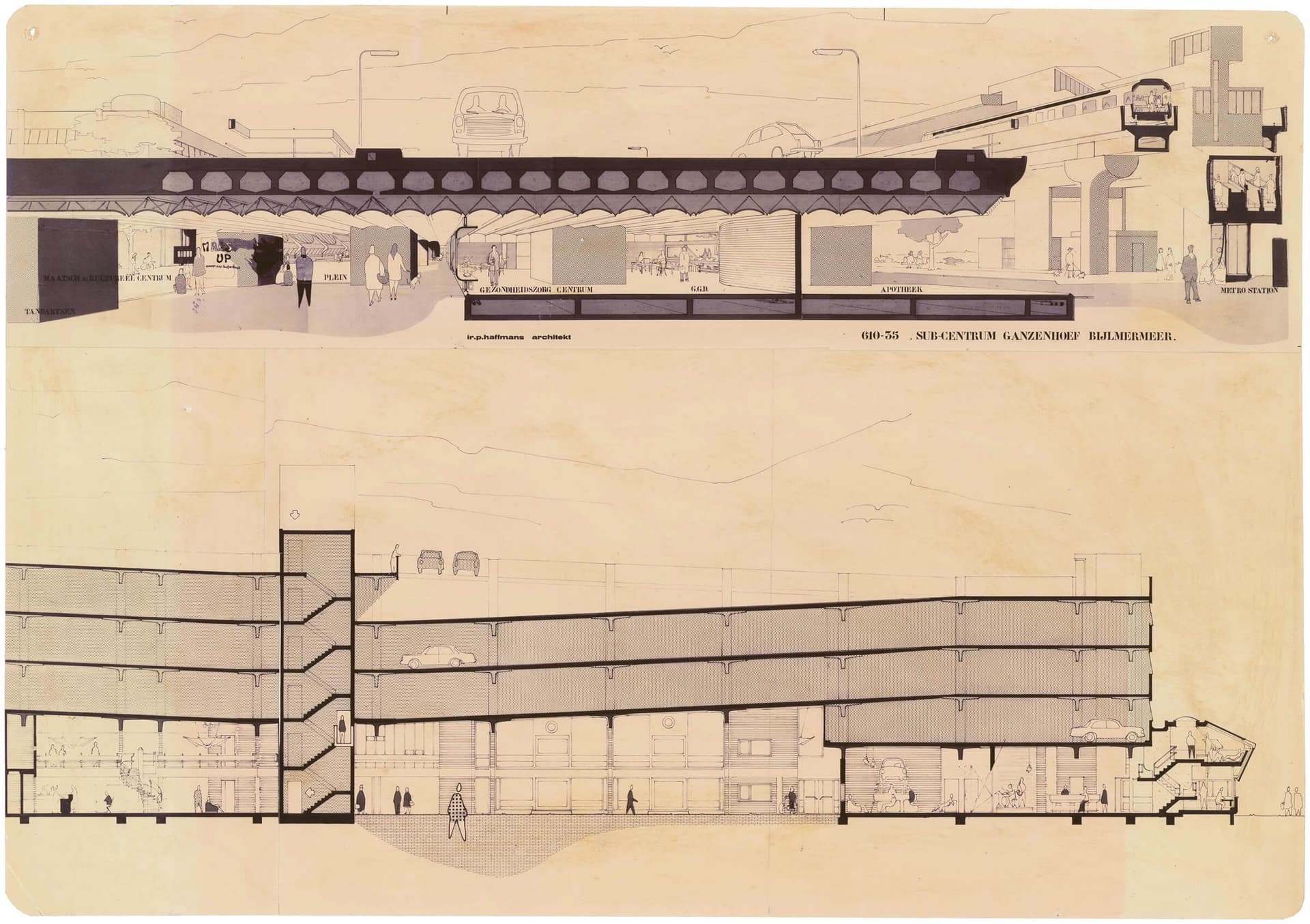 Paul Haffmans. Design for Sub-Centrum Ganzenhoef, Bijlmermeer, Amsterdam, 1969-1976. Commissioned by Stichting Ontwikkeling Subcentra Bijlmermeer. Collection Het Nieuwe Instituut, HAFF p3