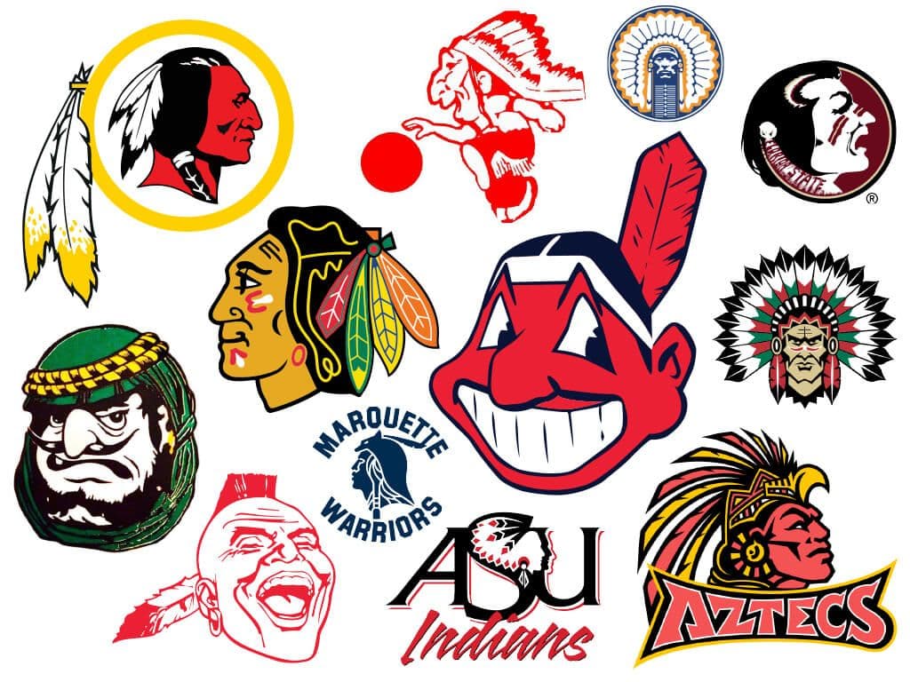 Logos from U.S. sports teams. All are still in use today despite many protests. Only the Coachello Valley Arabs (left) has recently been changed.
