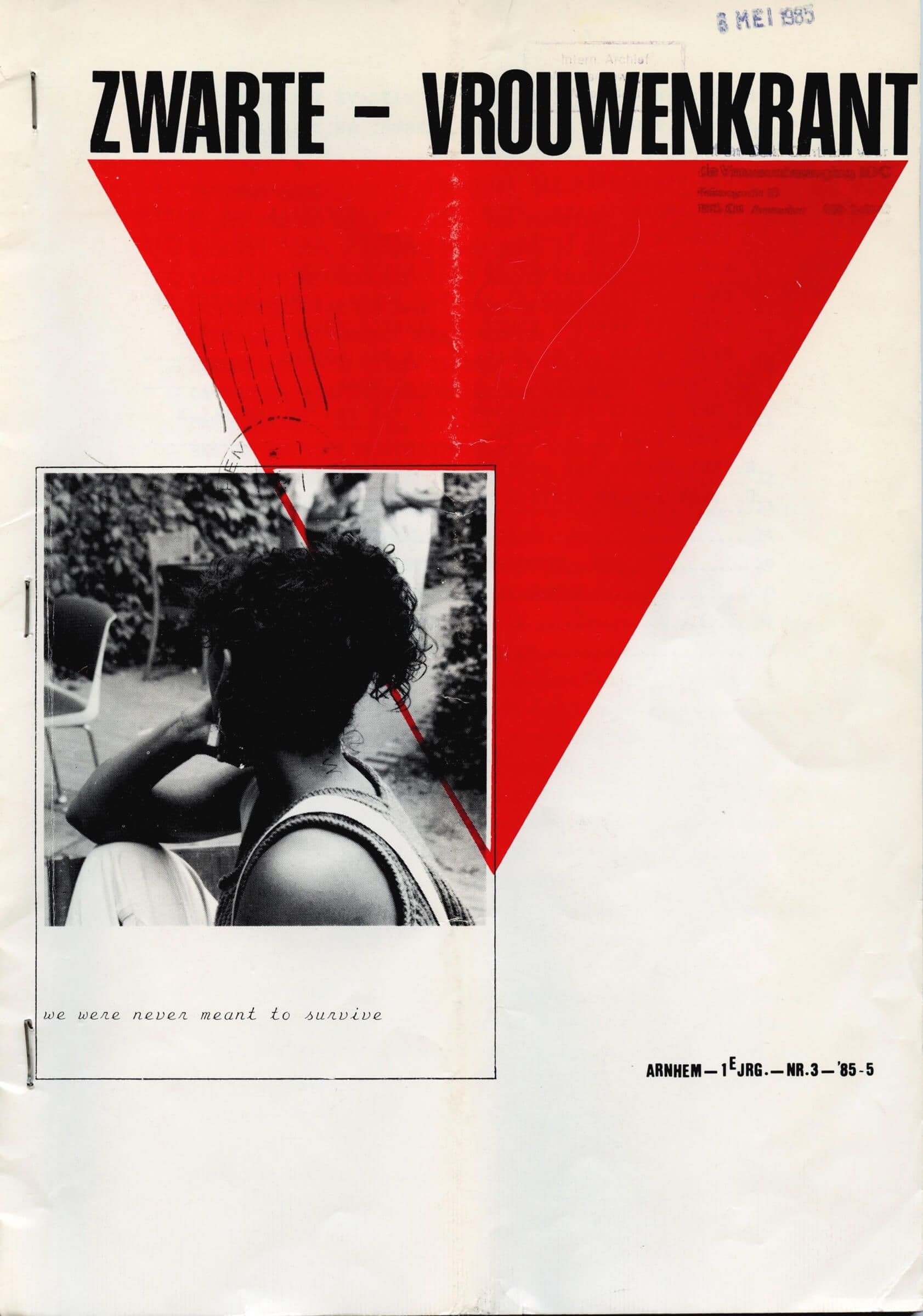 Cover “Umoja – Zwarte vrouwenkrant”, gepubliceerd door Stichting Zwarte Vrouwen en Racisme, Arnhem, nr. 3, 1985, ontwerp: Ans Sarianamual. Bron: Collectie IAV-Atria 