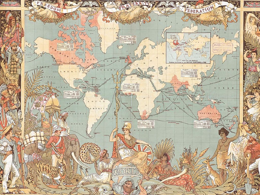 World map with the British Empire highlighted in red, Mercator projection. Author: Colomb, J. C. R. Publisher: MacClure & Co. Date: 1886. Location: Great Britain. Image: commons.wikimedia.org