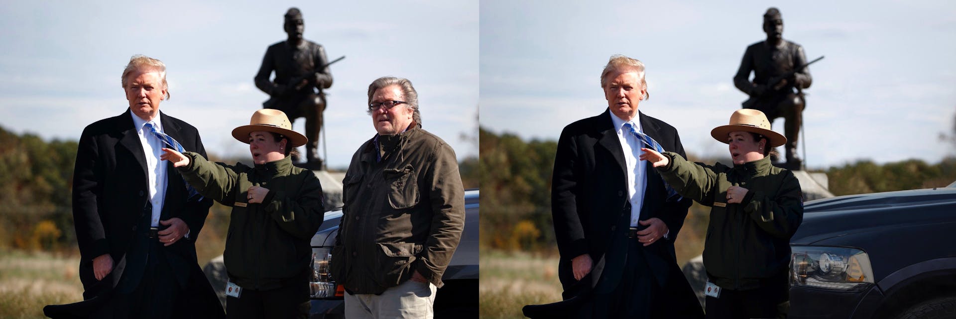 Steve Bannon verwijderd uit foto's waarin hij naast President Donald J. Trump staat. Steve Bannon: A Propaganda Retrospective, 2018. Kunstenaar: Jonas Staal