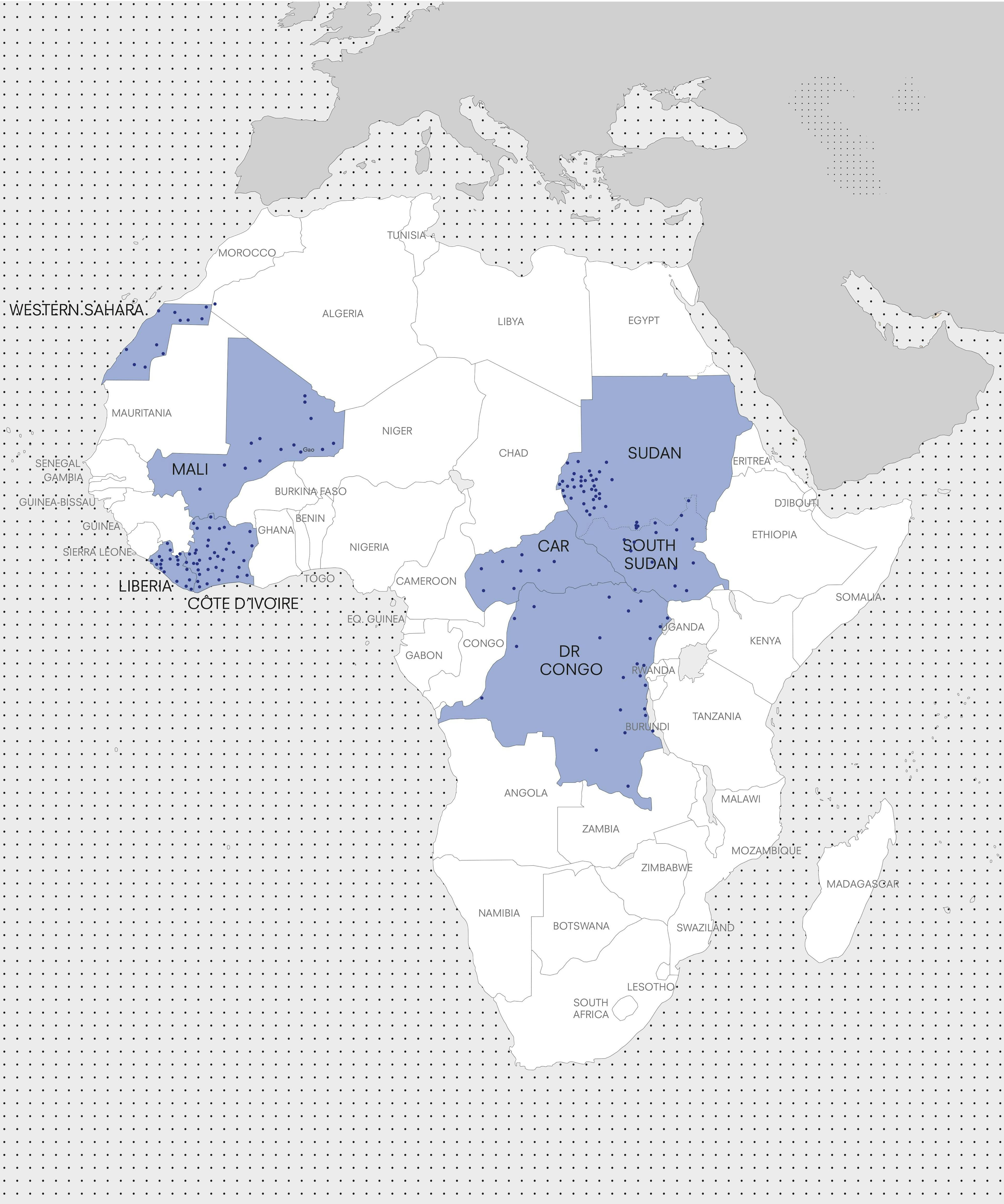 Steden met VN Vredesmissies basissen in Afrika 