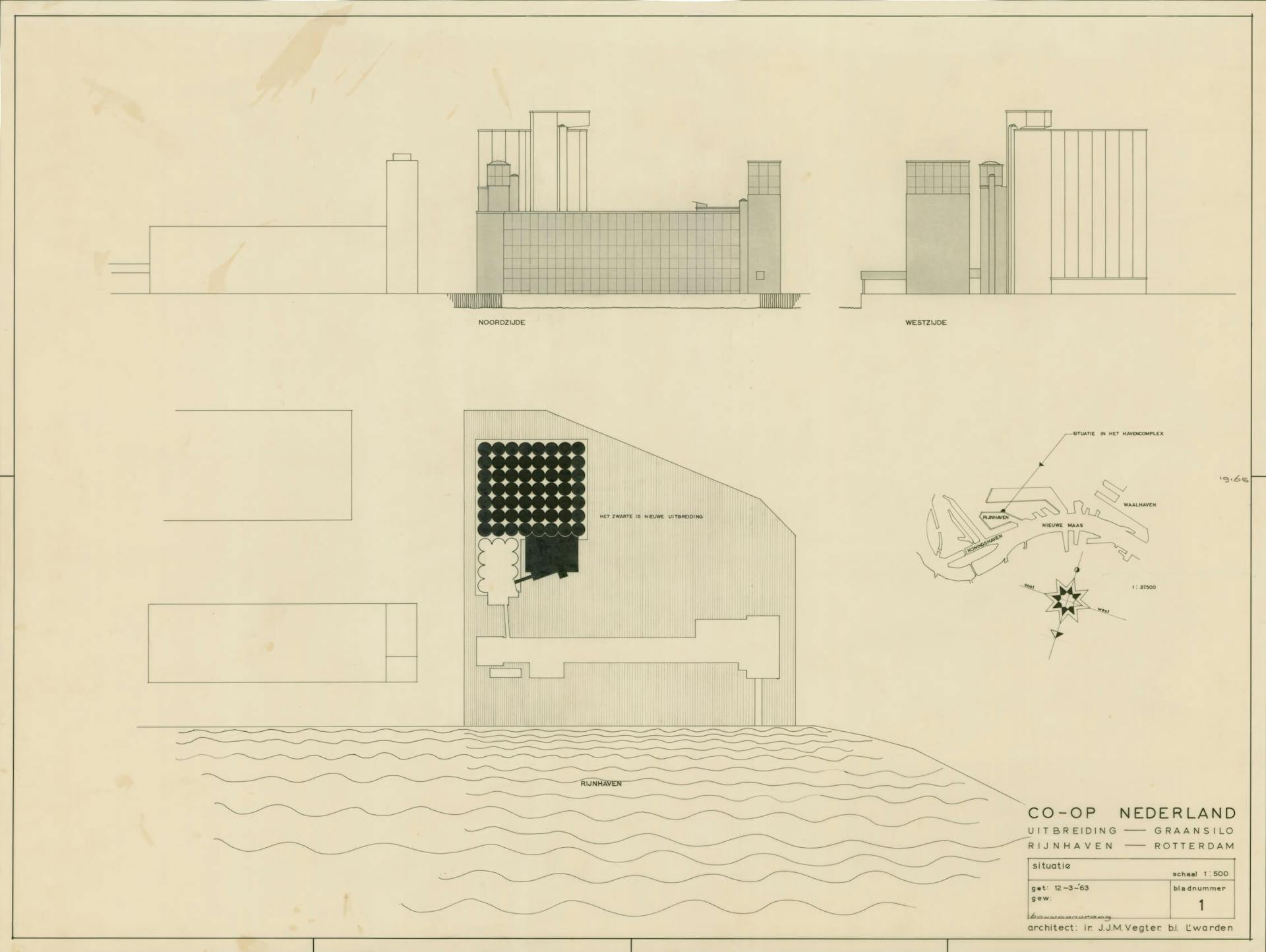 J. Vegter, i.s.m. constructeur A. Arohnson, ontwerp voor de uitbreiding met een nieuwe graansilo van de Coöp Meelfabriek, Rotterdam, 1964. Archief: J.J.M. Vegter, dossier Coöp Meelfabriek
