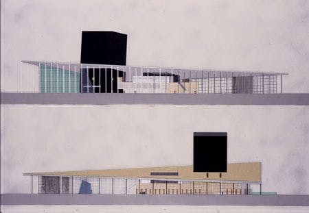 Competition design for the Netherlands Architecture Institute (with archive and collection spaces in the tower), Rem Koolhaas/OMA, Rotterdam, 1988. Not built. 