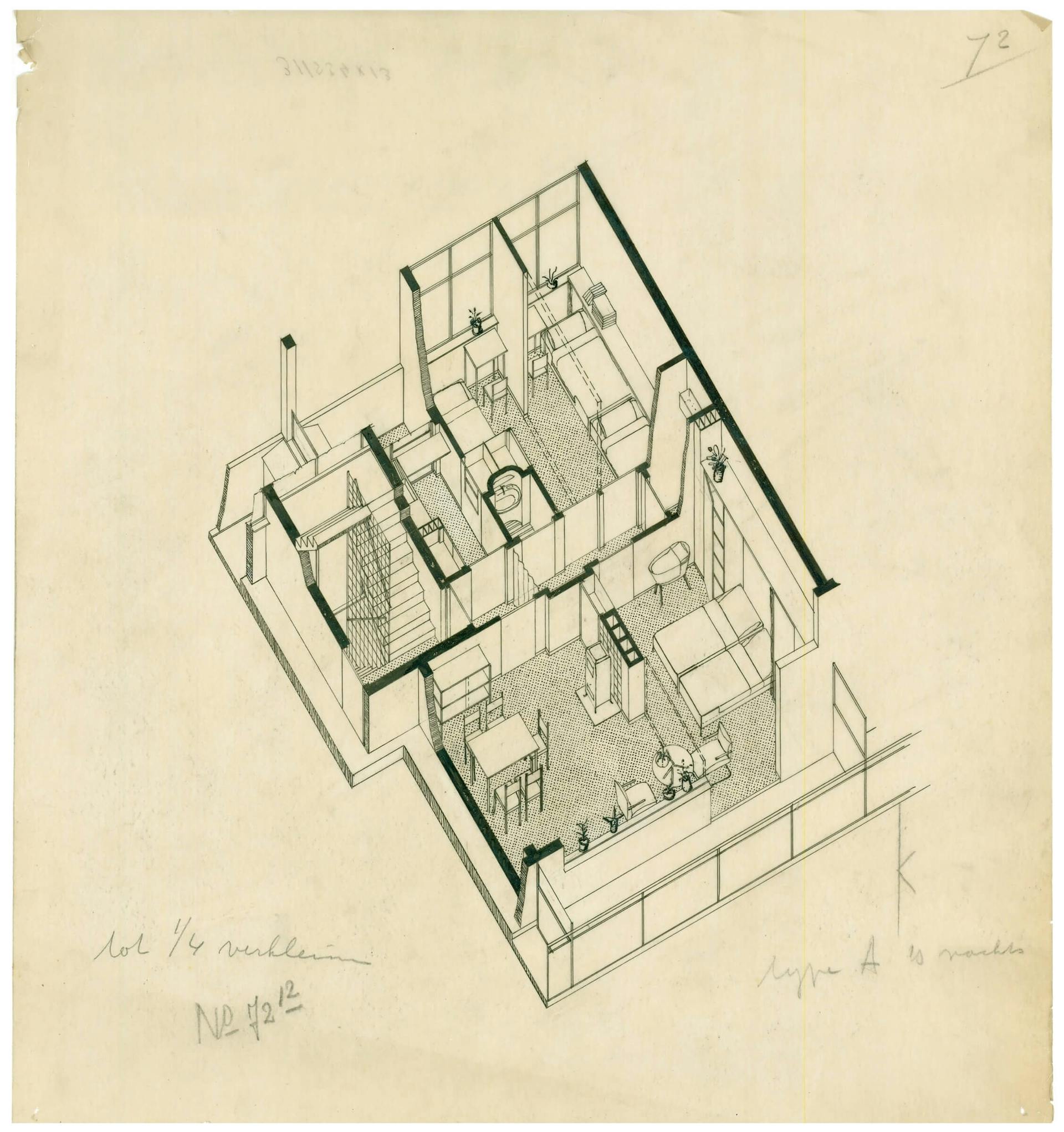 J.H. van den Broek, Prijsvraag goedkope woningen / Ontwerp Optimum, Amsterdam, 1934. Collectie Het Nieuwe Instituut, archief J.H. van den Broek.   