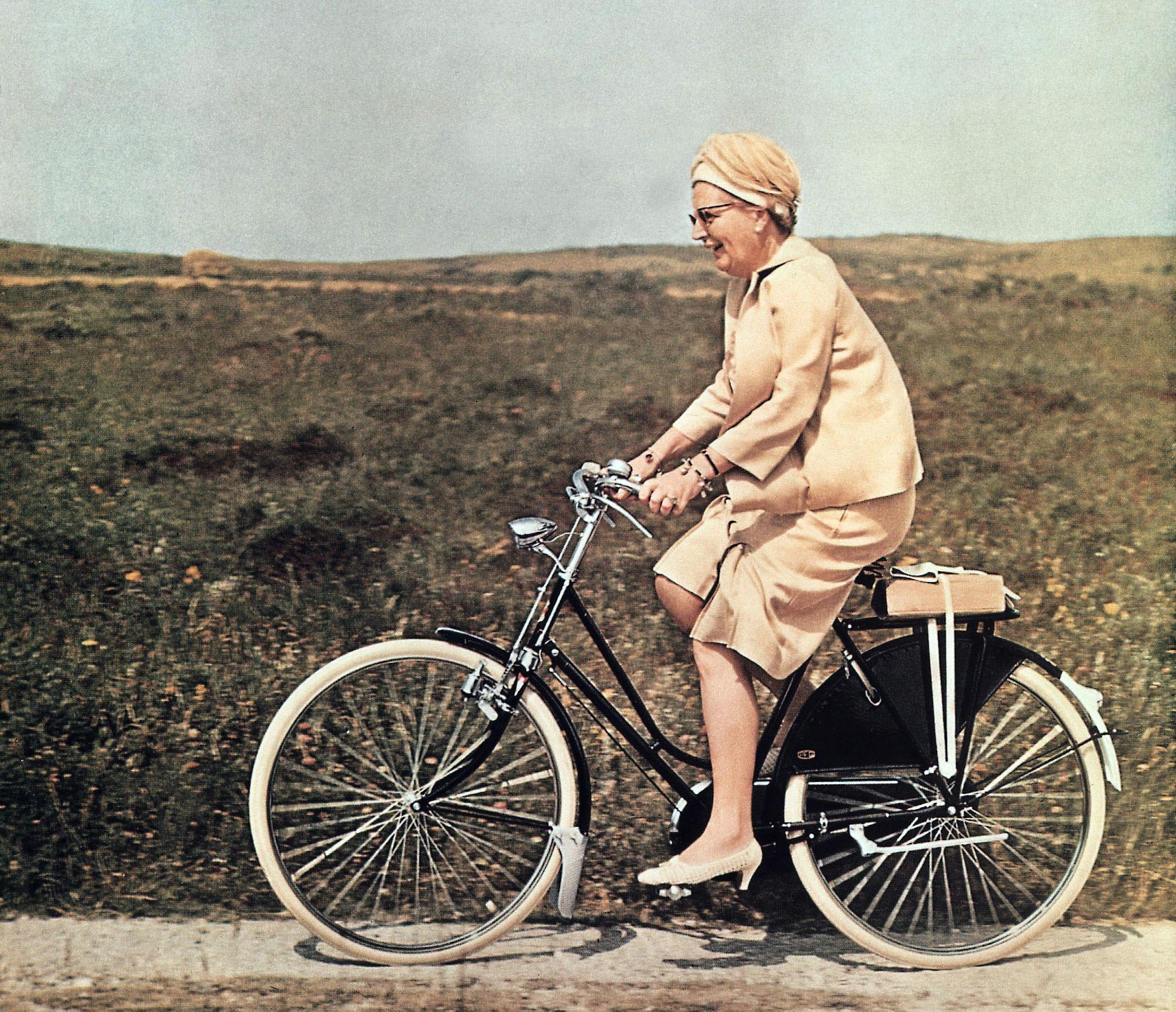 Juliana, former queen of The Netherlands, on a bicycle, 1967. Photographer unknown. ANP 