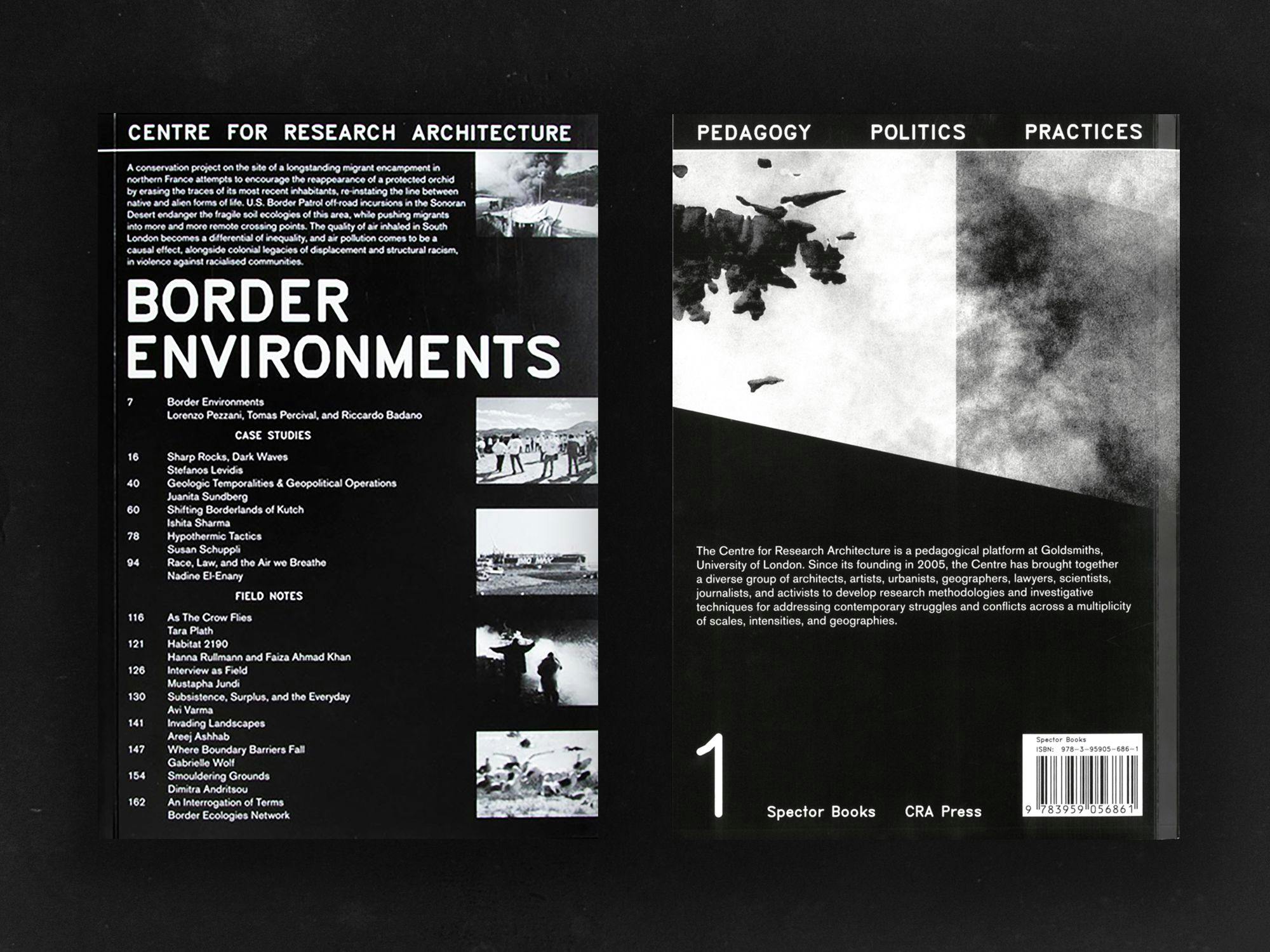 Cover and back-cover of Border Environments, the first book in the series Research Architecture: Pedagogy, Politics, Practices. [CRA Press/Spector Books]
