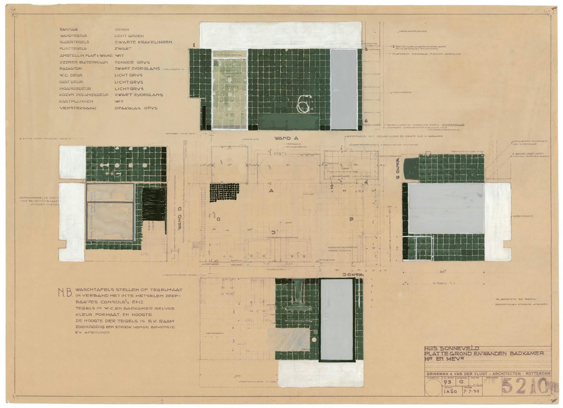 J.A. Brinkman and L.C. van der Vlugt. Floor plan and walls of Mr. and Mrs. Sonneveld's bathroom, Sonneveld House, 1932. Collection Het Nieuwe Instituut, BROX 93t21 