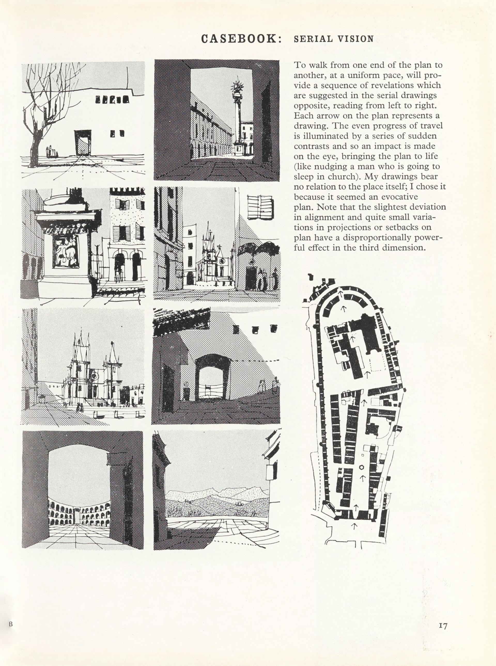 Gordon Cullen, ‘Serial Vision’, een visualisatie van opeenvolgende stadsbeelden, ook wel ‘Serials’ genoemd, vanuit het perspectief van de wandelaar. Cullen gebruikte de rasters van Zip-A-Tone voor de visualisatie van contrasten tussen licht en… 