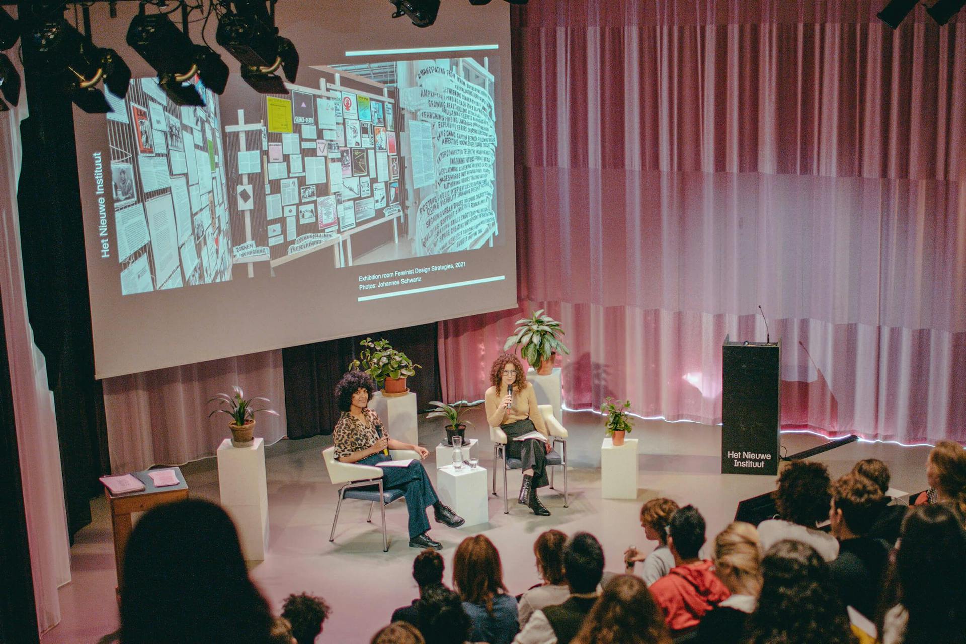 Setareh Noorani and Tabea Nixdorff on stage during the Feminist Assembly Month Finale, September 24, 2022, at the Nieuwe Instituut, photo: Simaa 