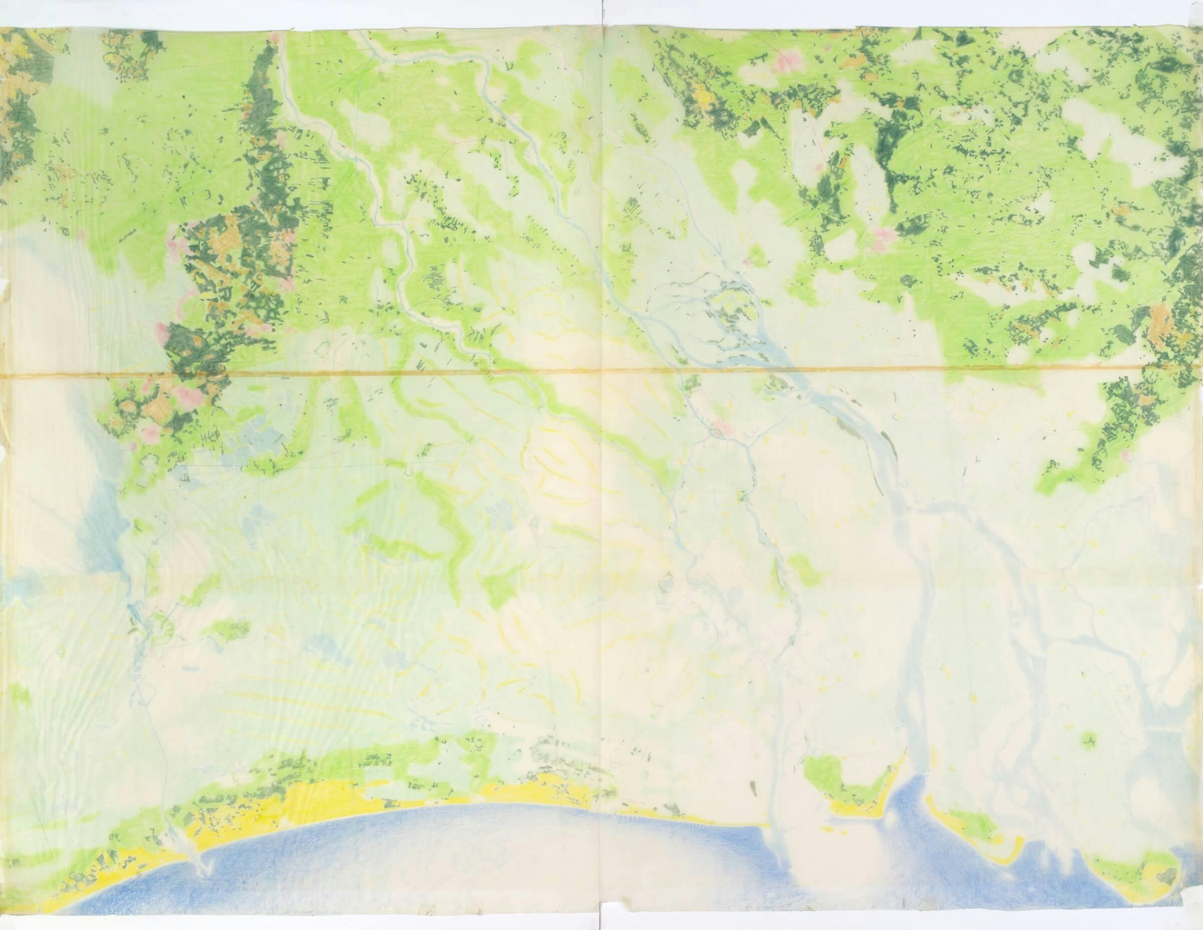 Pjotr Gonggrijp. Verschillende landschapstypen van de delta in Nederland, 1969. Schaal 1:100.000, situatie ca.1550 en later. Onderste calque toont landschap en bovenste calque toont nederzettingspatroon en veranderingen in landschap (duinvormin… 