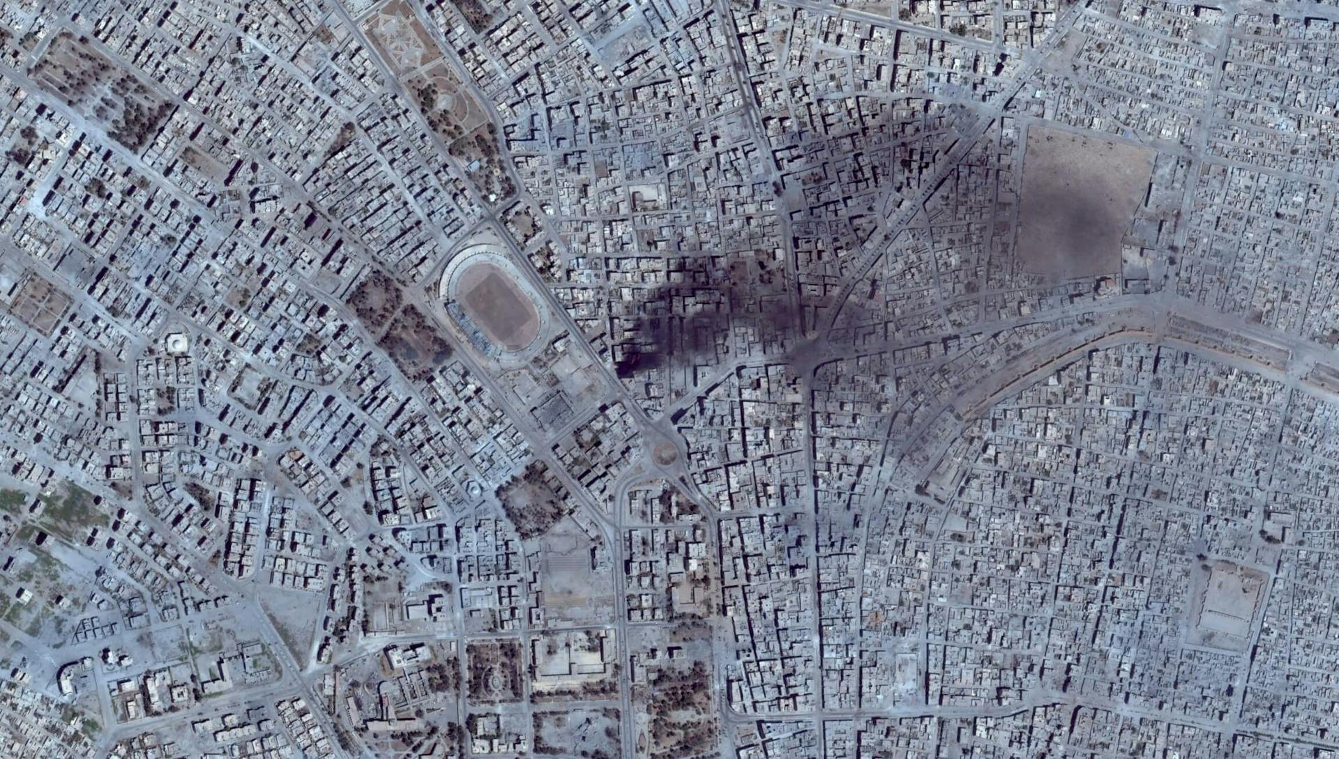 Airstrike seen on satellite imagery in Raqqa 7 aug 2017 by Google Earth 