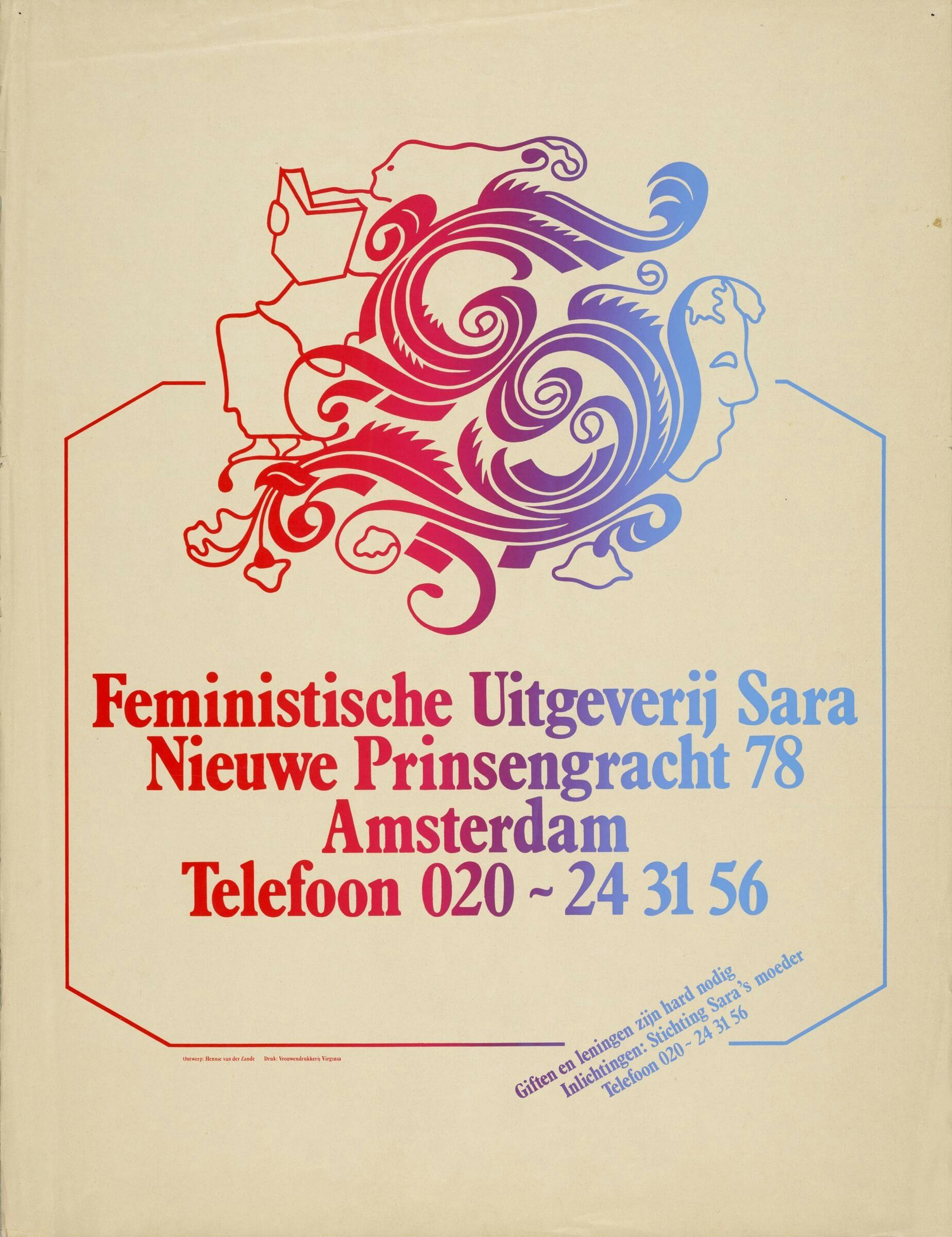 Poster “Feministische Uitgeverij Sara”, 198?, ontwerp: Hennie van der Zande. Bron: Collectie IAV-Atria 