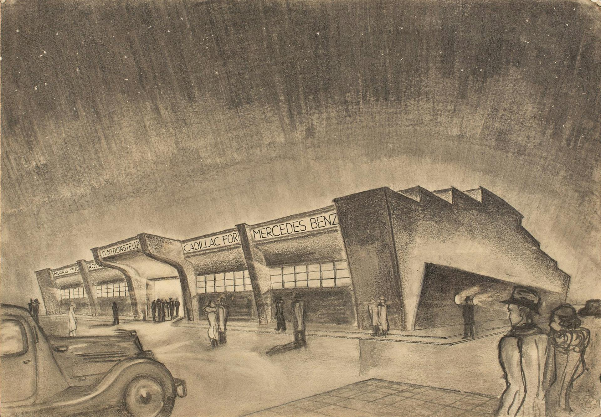  E.J.S.G. Boissevain. Evening impression of an exhibition building, 1930–1934. Collection Het Nieuwe Instituut. BOIS t4 