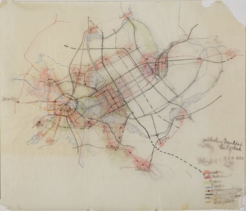  C. van Eesteren, sketch, Randstad conurbation radiating outward toward Lelystad [n.d.], collection Het Nieuwe Instituut 