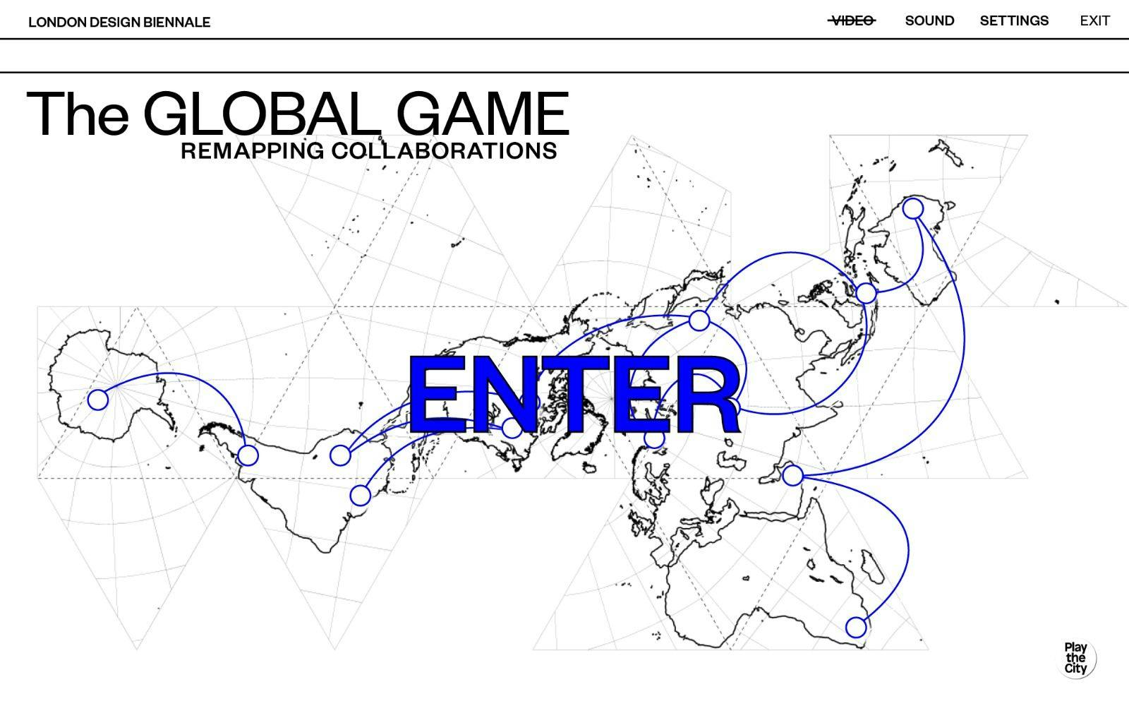 Screenshot van The Global Game. Het toont een witte achtergrond met een omtrek van een kaart, waarop verschillende landen en regio's met elkaar verbonden zijn.