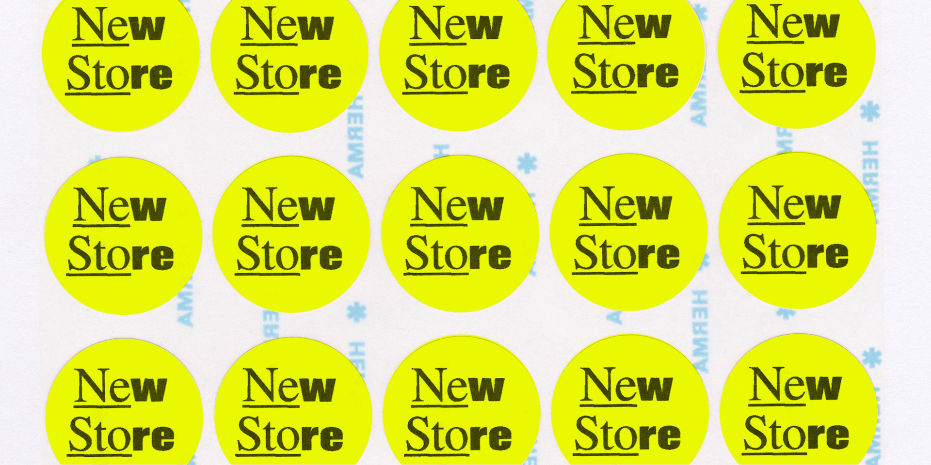 Graphic image featuring a grid of yellow round stickers, each sticker with the text 'New Store'