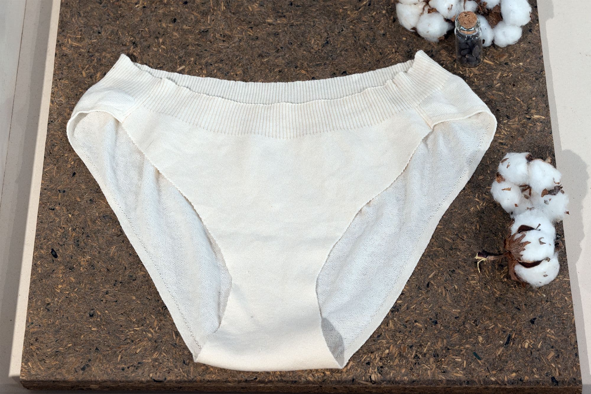 A pair of white underpants named UnderGarden displayed on a brown table with cotton as decoration. Photo: Petra van der Ree