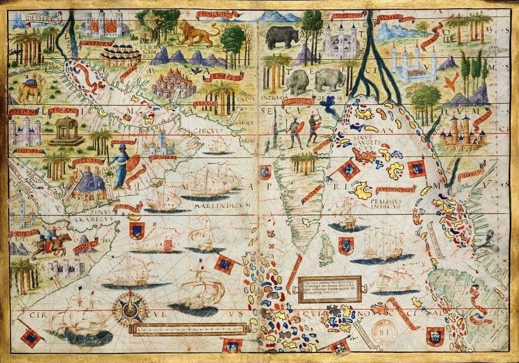 The Map of India, Arabia, the Horn of Africa the and Indian Ocean by Pedro and Jorge Reinel of the Miller Atlas, a Portuguese illustrated atlas dated from 1519. Source: Wikimedia Commons.